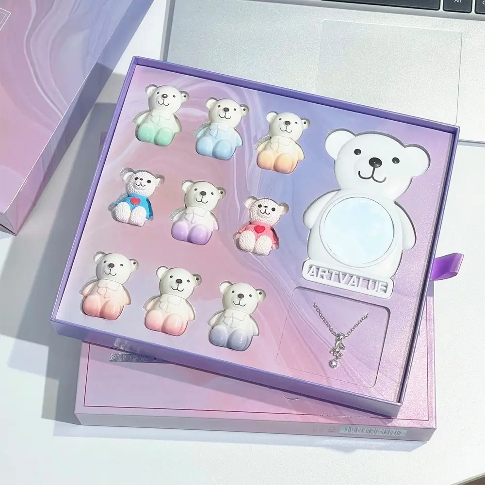 Bear family full lip makeup gift set with matte velvety lip mud & glossy hydrating lip milk. Comes with cute bear pendant necklace in elegant box, perfect romantic cosmetic gift for girlfriends and besties on Christmas holiday.