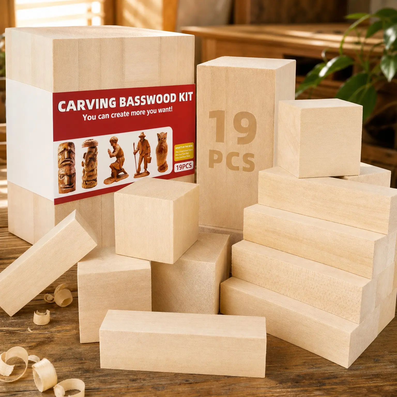 19PCS Basswood Carving Blocks Kit, 3 Different Sizes, Easy to Use Whittling Wood for Kids & AdultsGift