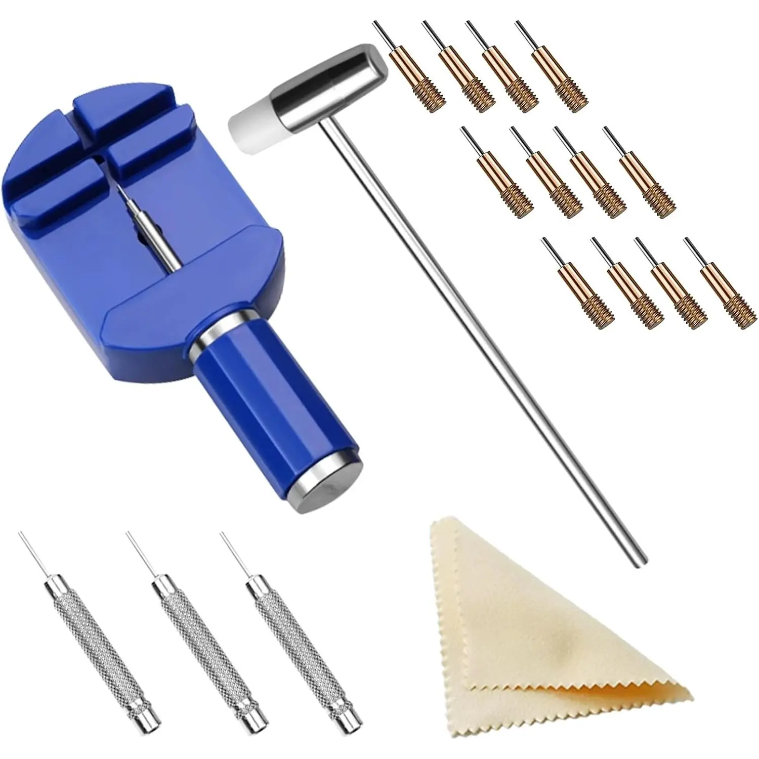 Watch Link Removal Kit Watch Adjustment Tool Kit with 12 count  Pins and 3 count Pin Punches 1 count  Hammer for Watch Band Strap Adjustment and Bracelet Sizing