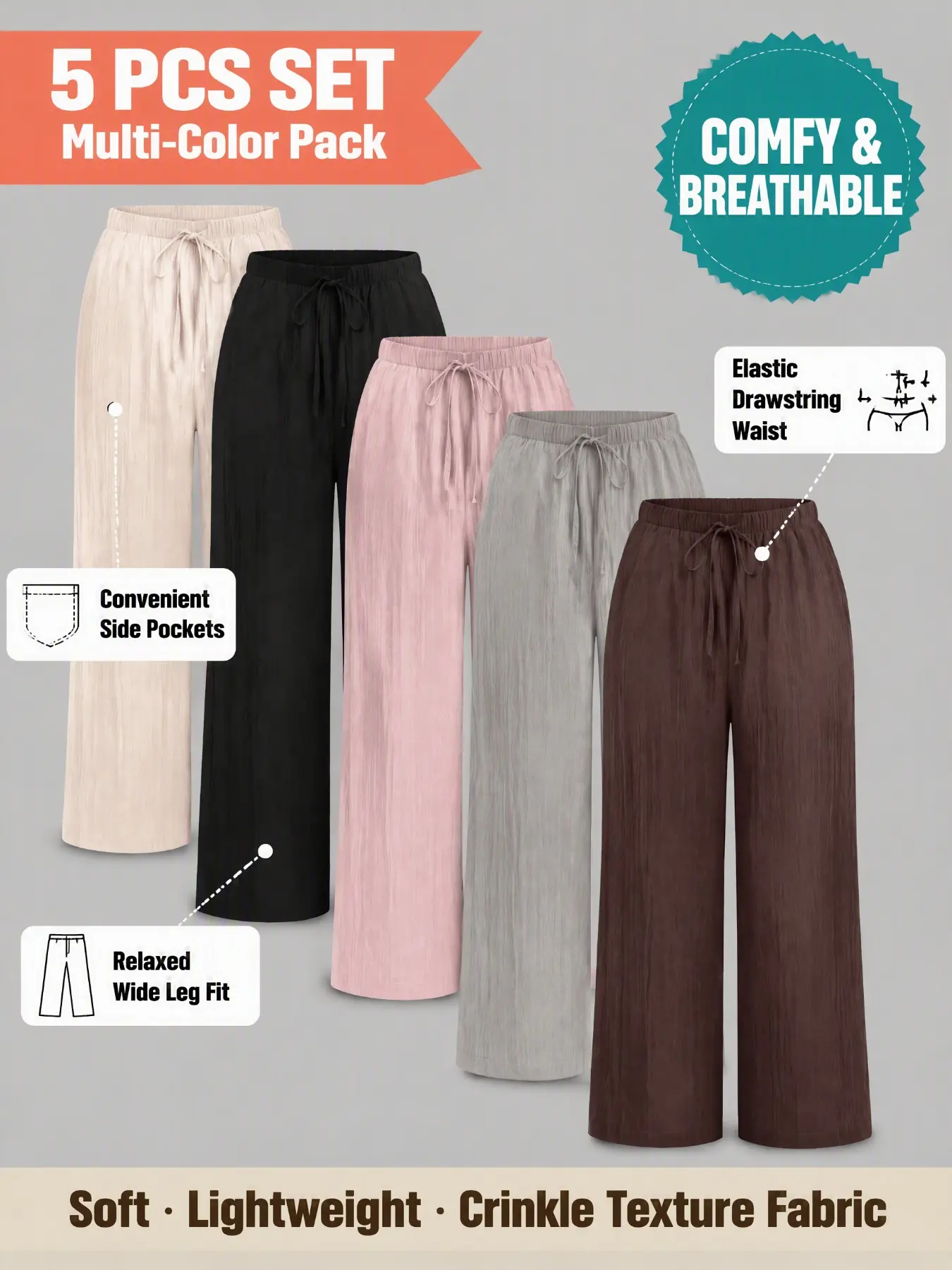 2026 Fall Clean Girl 5 Pack Multi Color High Waist Wide Leg Casual Pants for Women, Adjustable Drawstring Cinched Slim Waist, Breathable Height Boost Office Trousers with Side Pockets, Viral Instagram Daily Bottoms in Skin Brightening Multi Shade