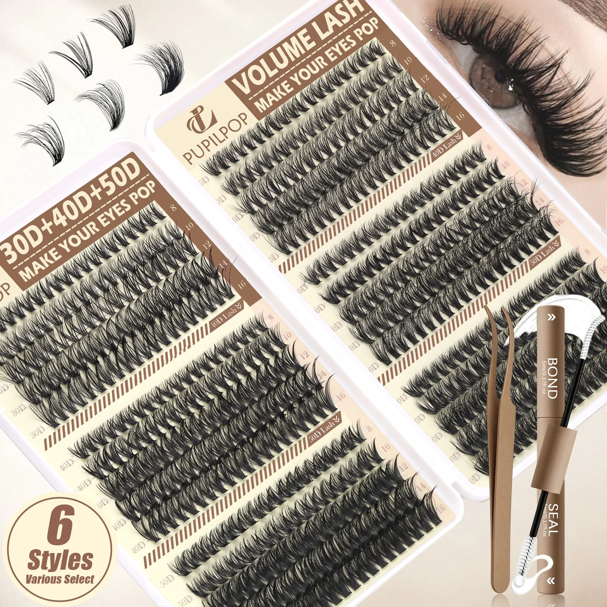 Pupilpop 3D Volume Lash All-in-One Kit – 30D+40D+50D Clusters in 6 Styles, 2-in-1 Bond & Seal, Tweezers, Ultra-Thin 0.05mm Waterproof Band, Soft & Gentle – Ideal for at-home salon-style results