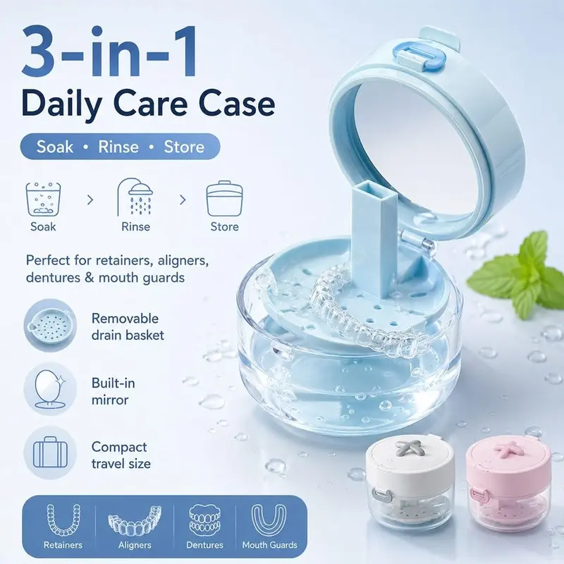 3-in-1 Oral Retainer Cleaner Case Box - Lightweight Modern Dual Layer Storage Soak Container with Drain Tray, Mirror, Brush for Daily Use & Travel (Bathroom Toothbrush Holder Accessory)