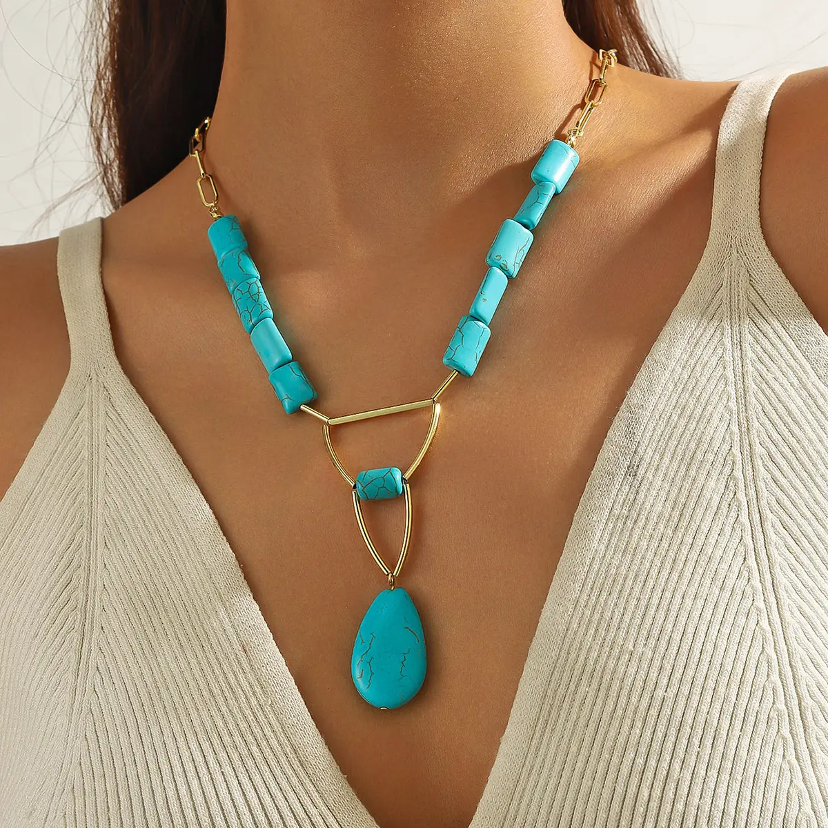 Original Natural Turquoise Pendant, Luxury Natural Stone Jewelry, Bohemian Style Turquoise Necklace