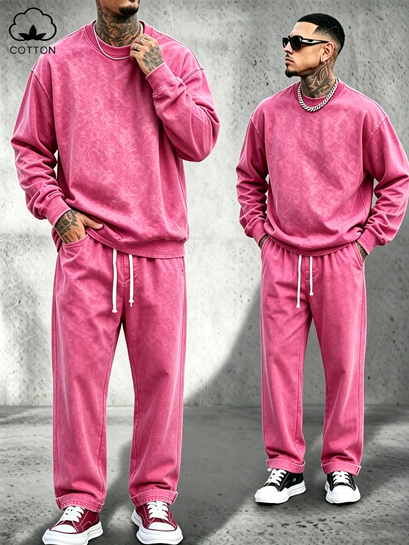 Men's 2-Piece Vintage Washed Long Solid Sweatshirt and Pants Set, Streetwear Fall Winter, 90s Retro Casual Home Wear