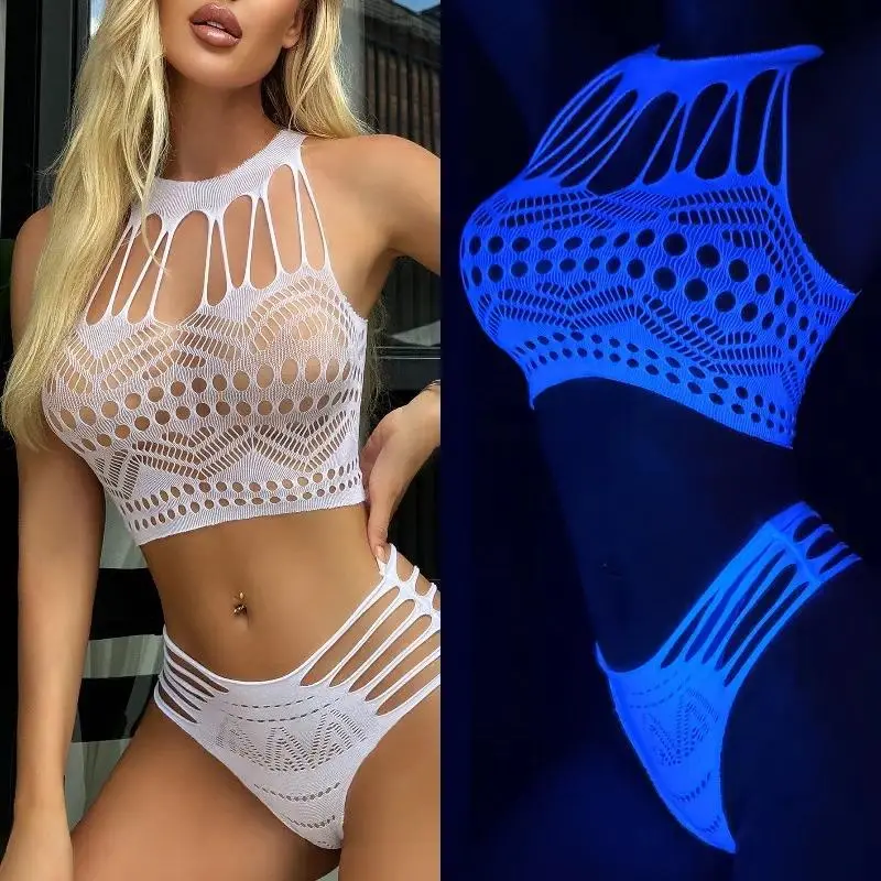 Women's 2-Piece Glow-In-Dark Hollow Cutout Fishnet Mesh Lingerie Set - One Size, Beachwear, All Seasons Sports & Outdoor Clothing Accessory