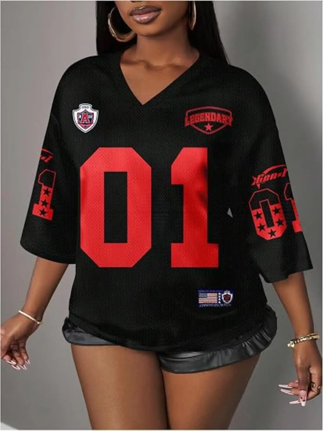 Women Y2K Loose Fit Game Day Football Jersey V Neck 01 Number Pattern Mesh Short Sleeve Casual Sports Streetwear Ladies Athletic Tops
