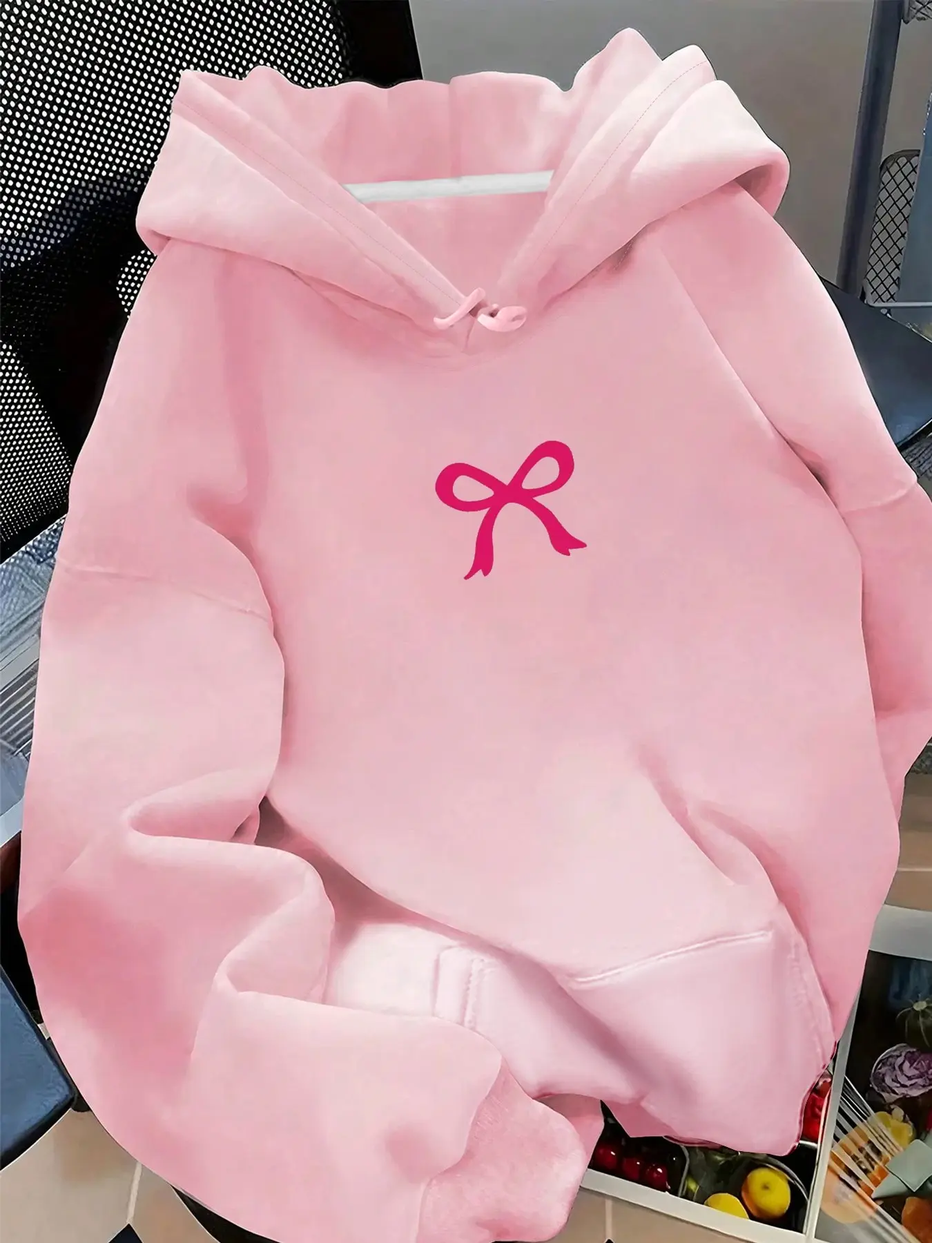 Women's Bow Print Pink Hoodie, Regular Fit Long Sleeve Pullover, Sweet Preppy Style Top, For Daily Campus