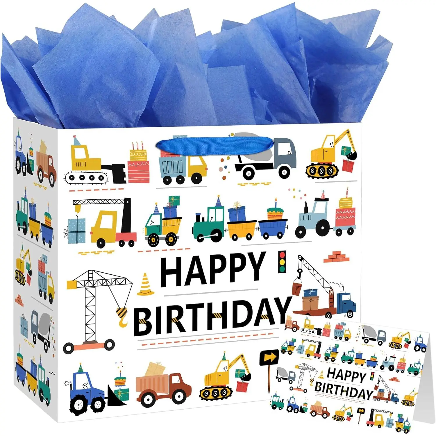 13‘’ Construction Birthday  Bag for  Boys  with Tissue Paper and Greeting Card ( Excavators Cranes -Themed)