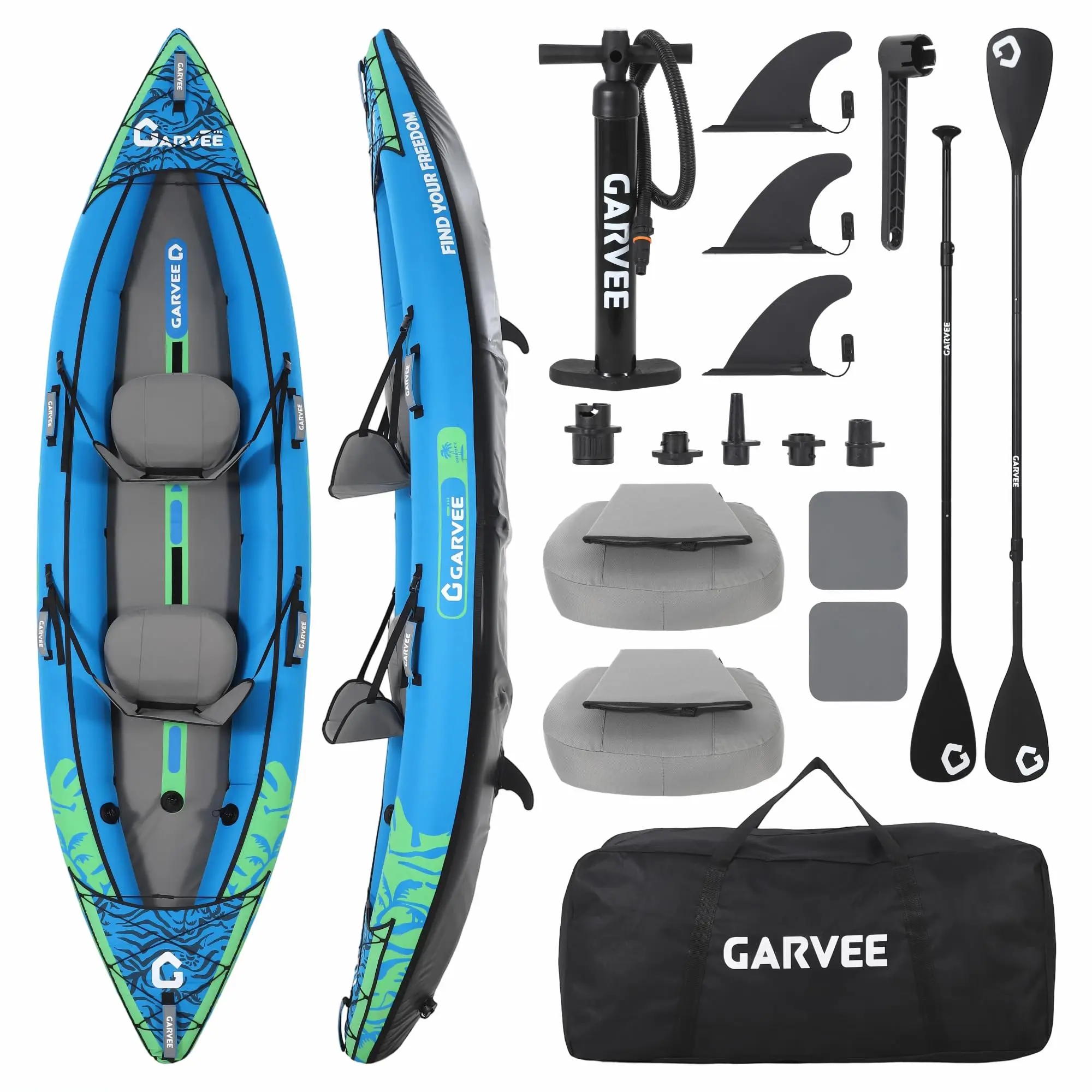 2-Person Inflatable Kayak Set for Adults – Drop-Stitch Floor, Padded Seats, 3 Fins – Includes Paddles, Hand Pump, Carry Bag, Repair Kit – 450lbs Capacity – Ideal for Lakes & Rivers