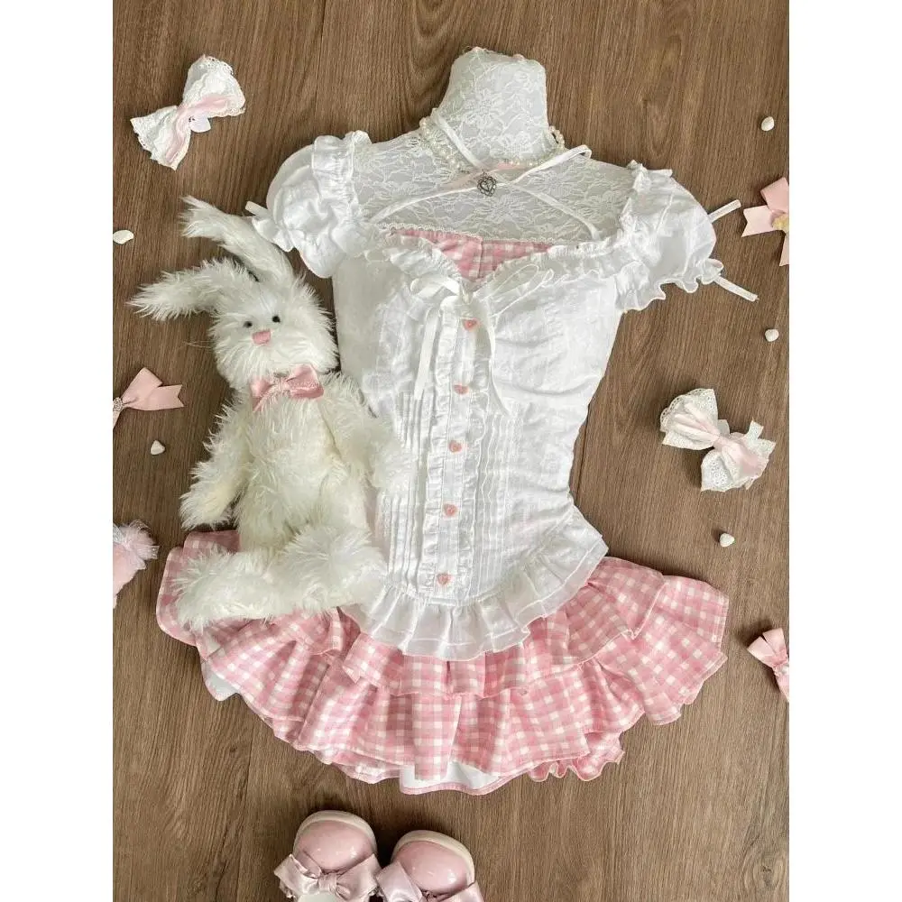 Summer Japanese Kawaii Lolita Elegant 2 Piece Sets Women Pink Y2k Bow Design Mini Skirt Suit Female Princess Sweet Chic Outfits