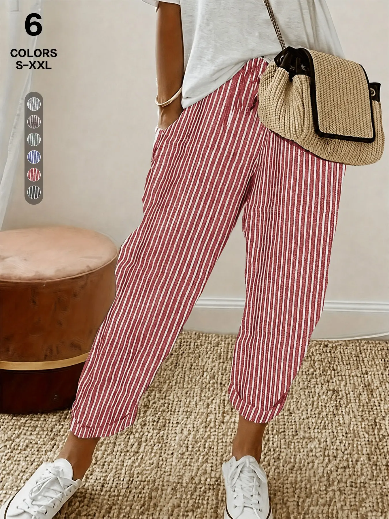 Women Vertical Striped Elastic Drawstring High Waist Cropped Harem Pants, Loose Fit Capri Lounge Trousers, Side Pockets, Sizes S-Xxl