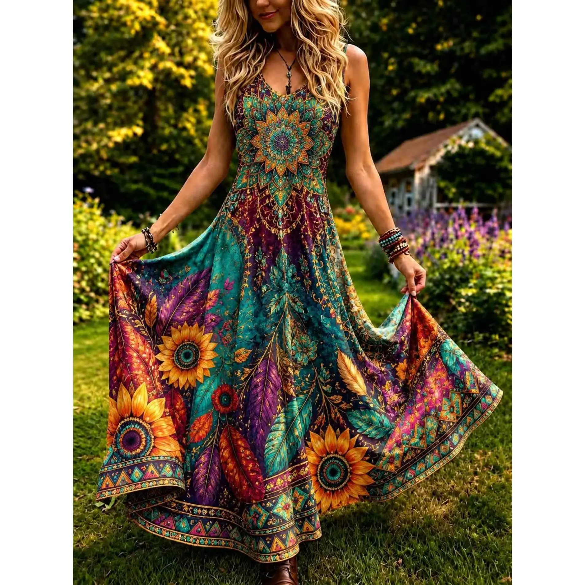 [New] Women's bohemian cashew flower printed sleeveless long dress, retro ethnic style V-neck swing dress, vacation beach dress