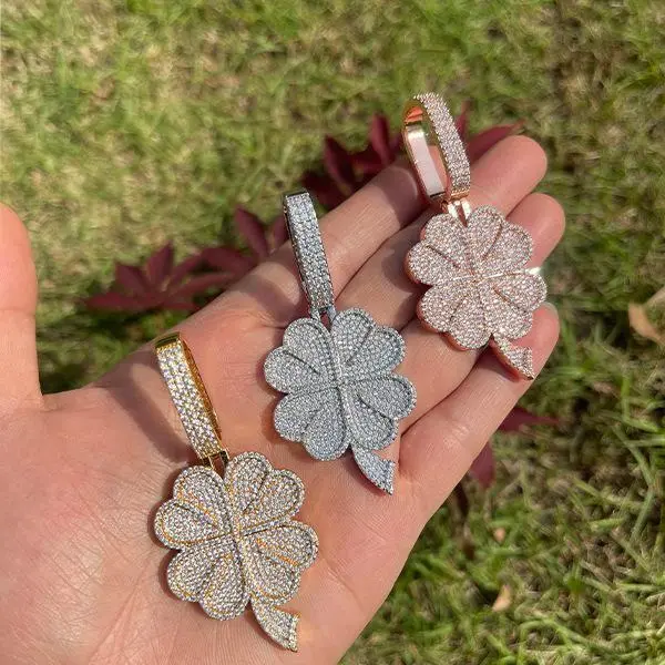 IH Four Leaf Clover Pendant Necklace Large Fully Iced Cuban Chain 18K Gold Plated Natural Sri Lanka Zircon White Gold for Men Women