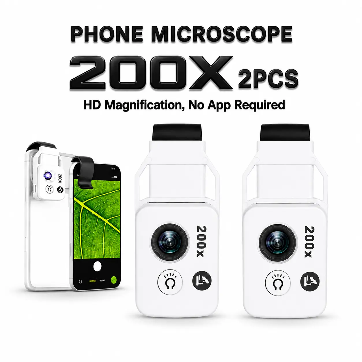 2 pcs 200X Phone Microscope Lens, Nano Zoom Phone Micro Lens for iPhone Android with LED Light Universal Clip, Portable Mini Pocket Smartphone Macro Lens for Coin, Plant, Jewelry, Textile and Circuit Inspection