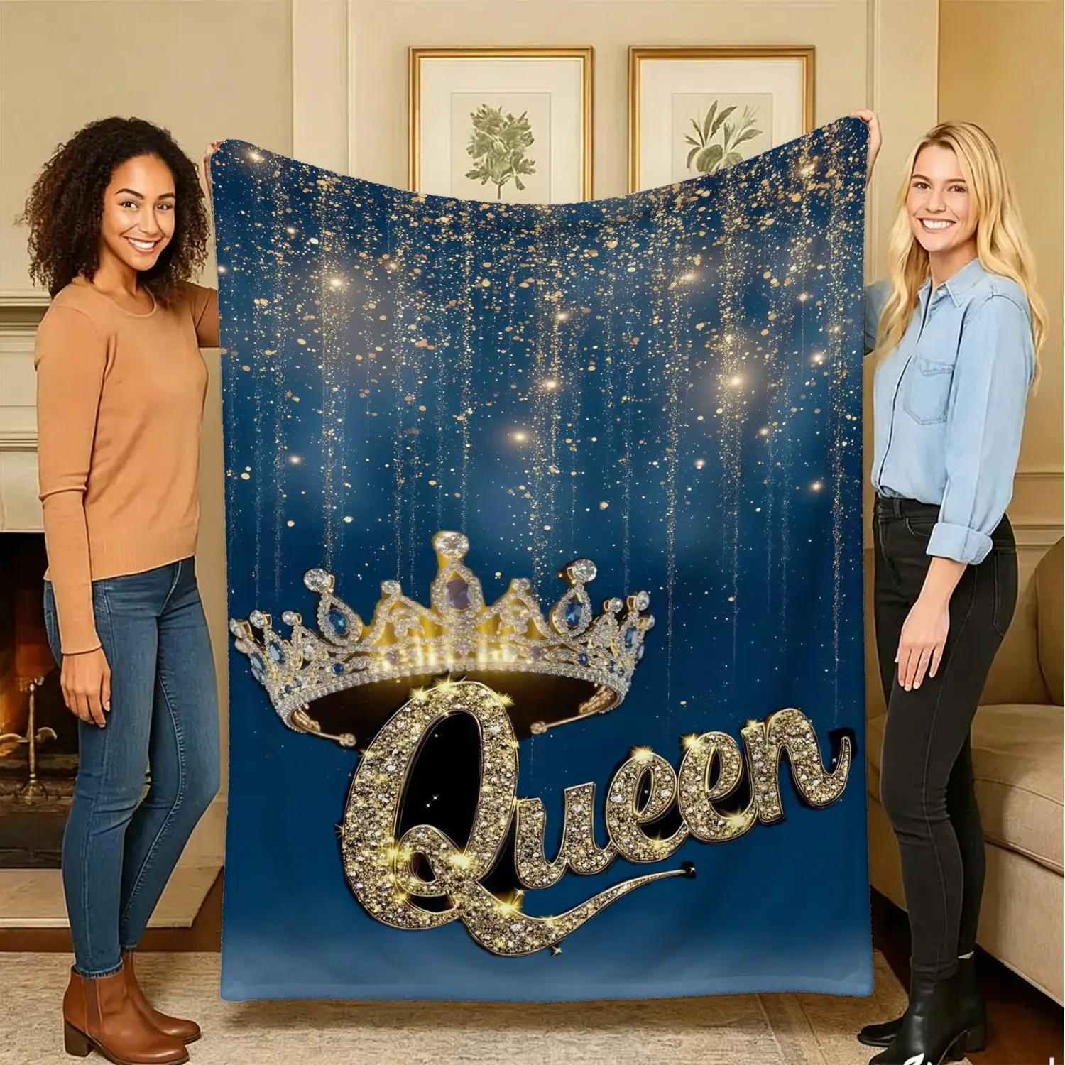 Glam Rhinestone Diamond Crown Bling Queen Full Print Navy Throw Blanket, Plush Sofa Throw & Premium Gift Blanket for Luxury Dark Chic Apartment Decor, Reading Nook, Girls Queen Themed Party, Elegant Keepsake Gift for Women, Cozy Throw Blankets