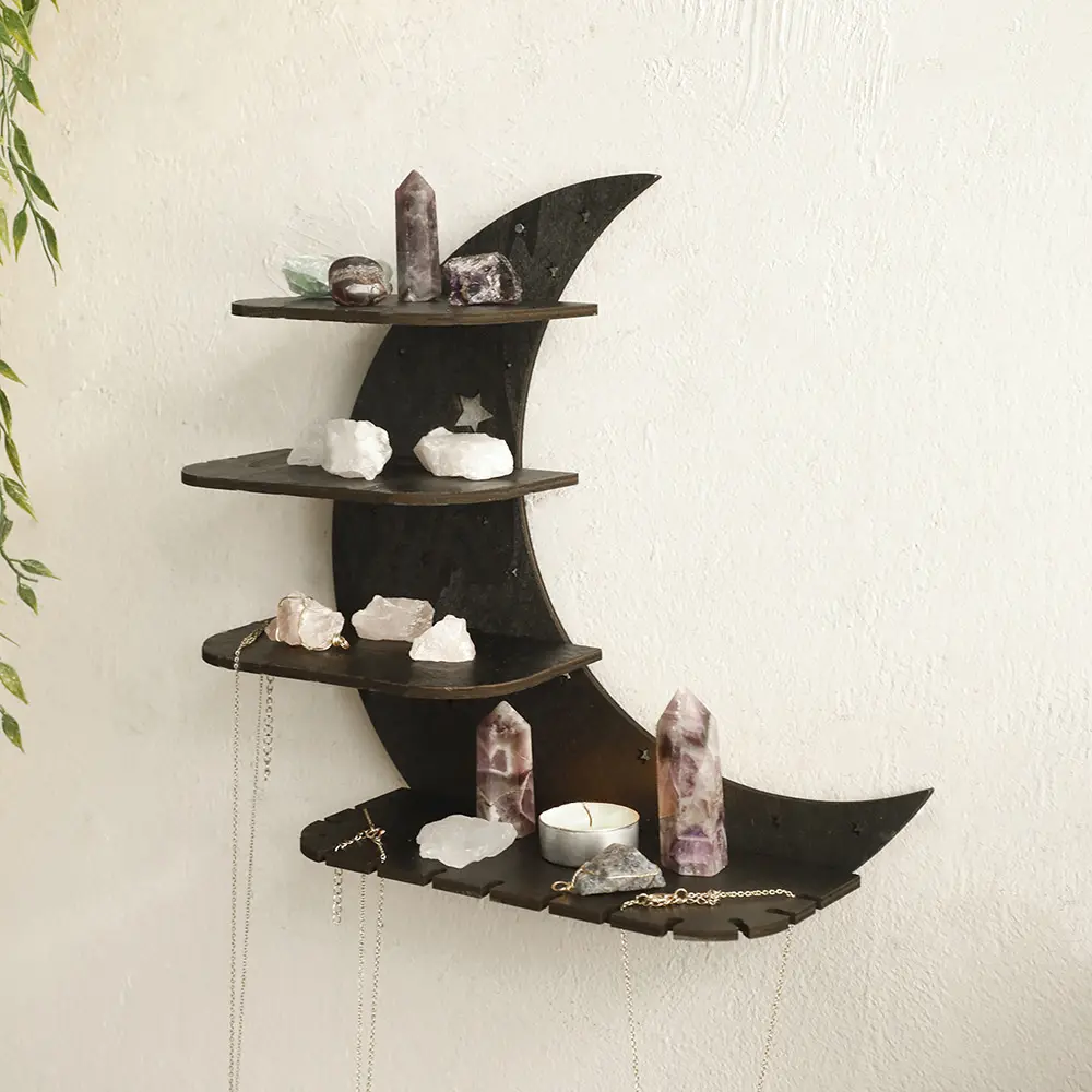 Crescent wall hanging rack with 4 layers of baffle, wooden multi-layer rack, wall hanging rack, wall candlestick rack, wall hanging decoration, wall hanging crystal stone display rack, home decoration, bohemian room decoration, Hanging Accessory