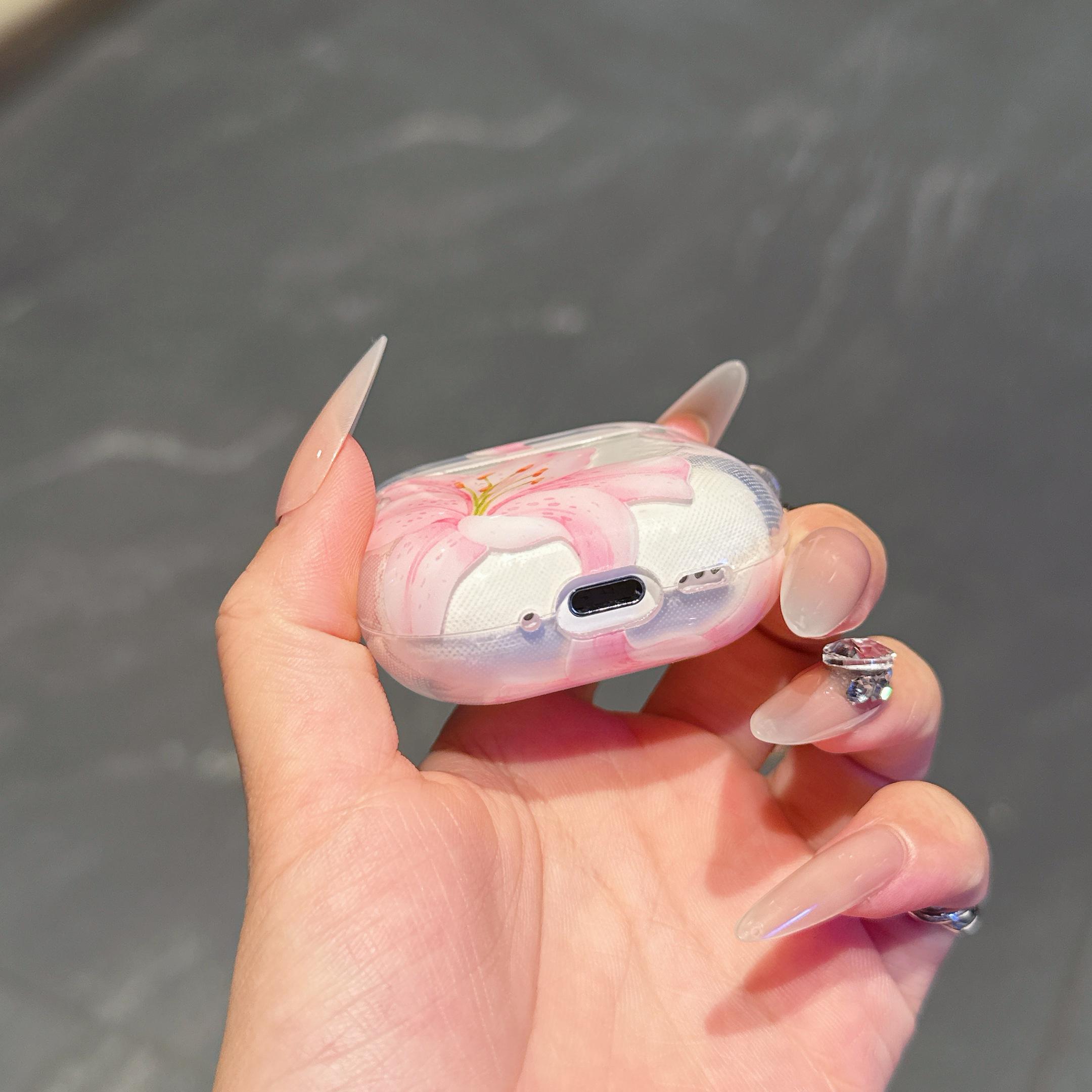 Pink Lily Flower Earphone Case With White Floral Design, Soft Protective Cover Compatible With AirPods Series Models, Anti-Drop Flexible Shell For Daily Carrying And Charging Protection