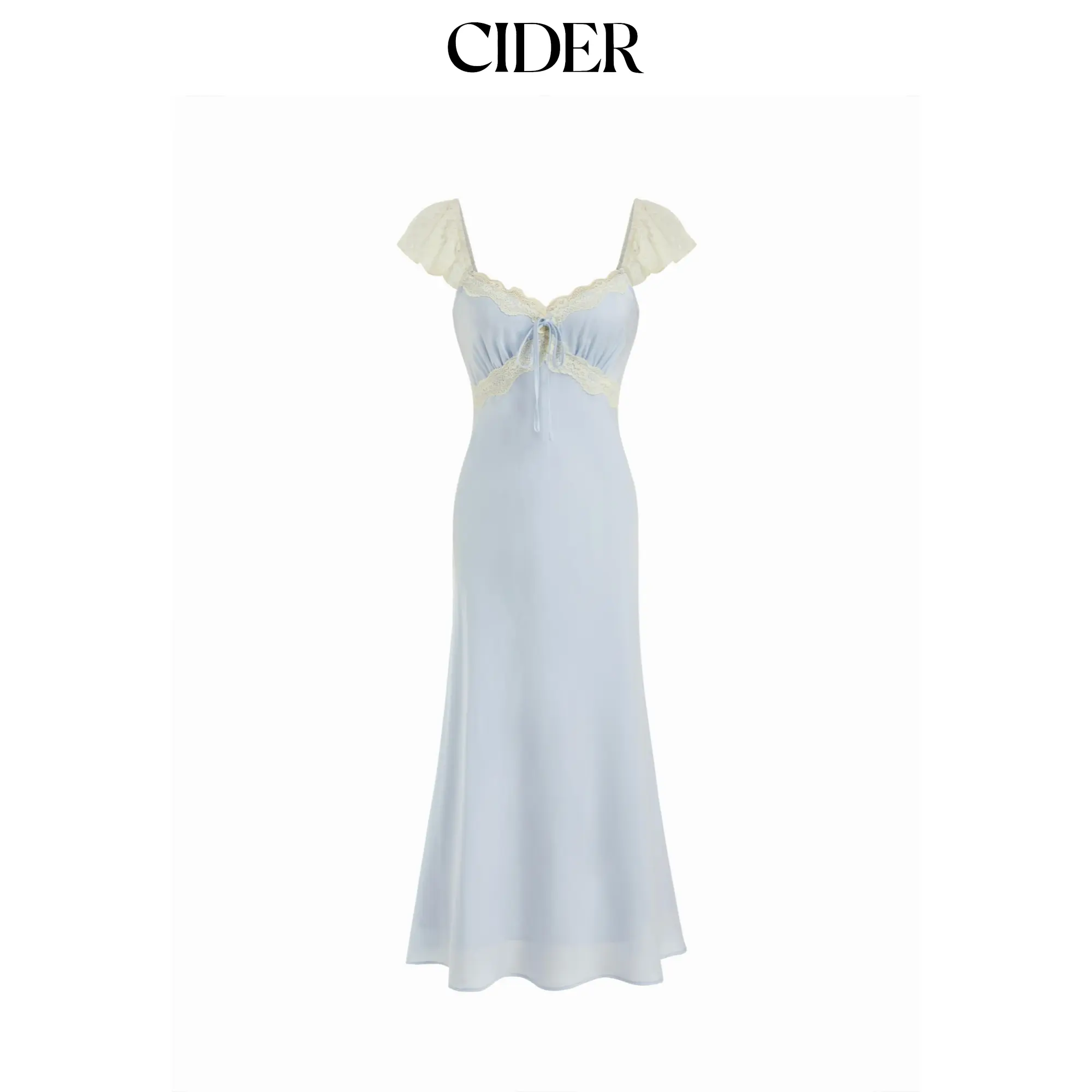 Cider Satin Sweetheart Ruffle sleeve Lace Panel Ruched Mermaid Maxi Dress
