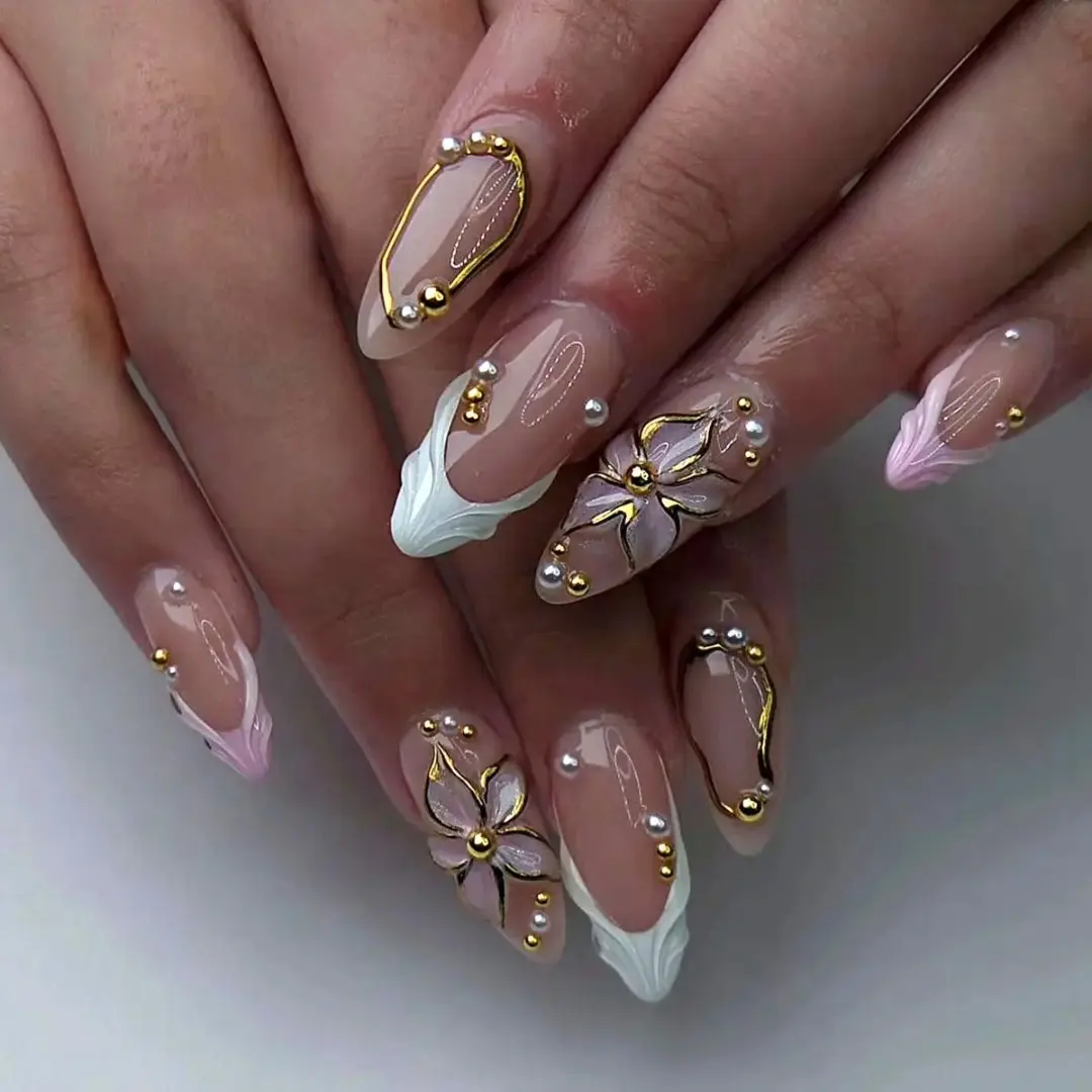 24pcs Romantic French Acrylic False Nails, Shiny Design with Glitter Base, Almond Shape, Thread & Pearl Accents, Reusable for Weddings, Acrylic Nail Set