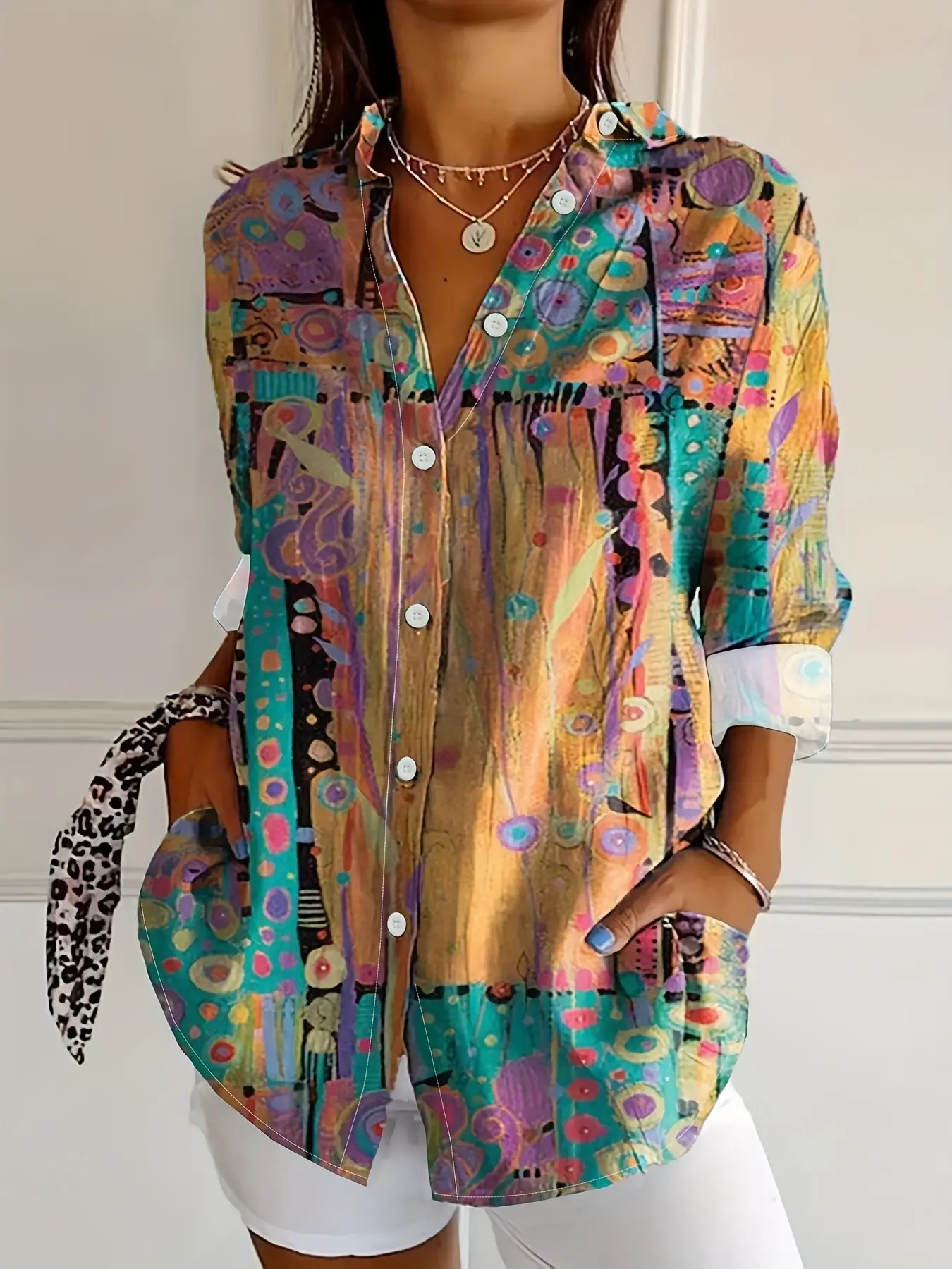 2026 New Women's Klimt Art Abstract Pattern Blouse, Vintage Geometric Dot Collar Loose Fit Shirt, Casual Sleeveless Top