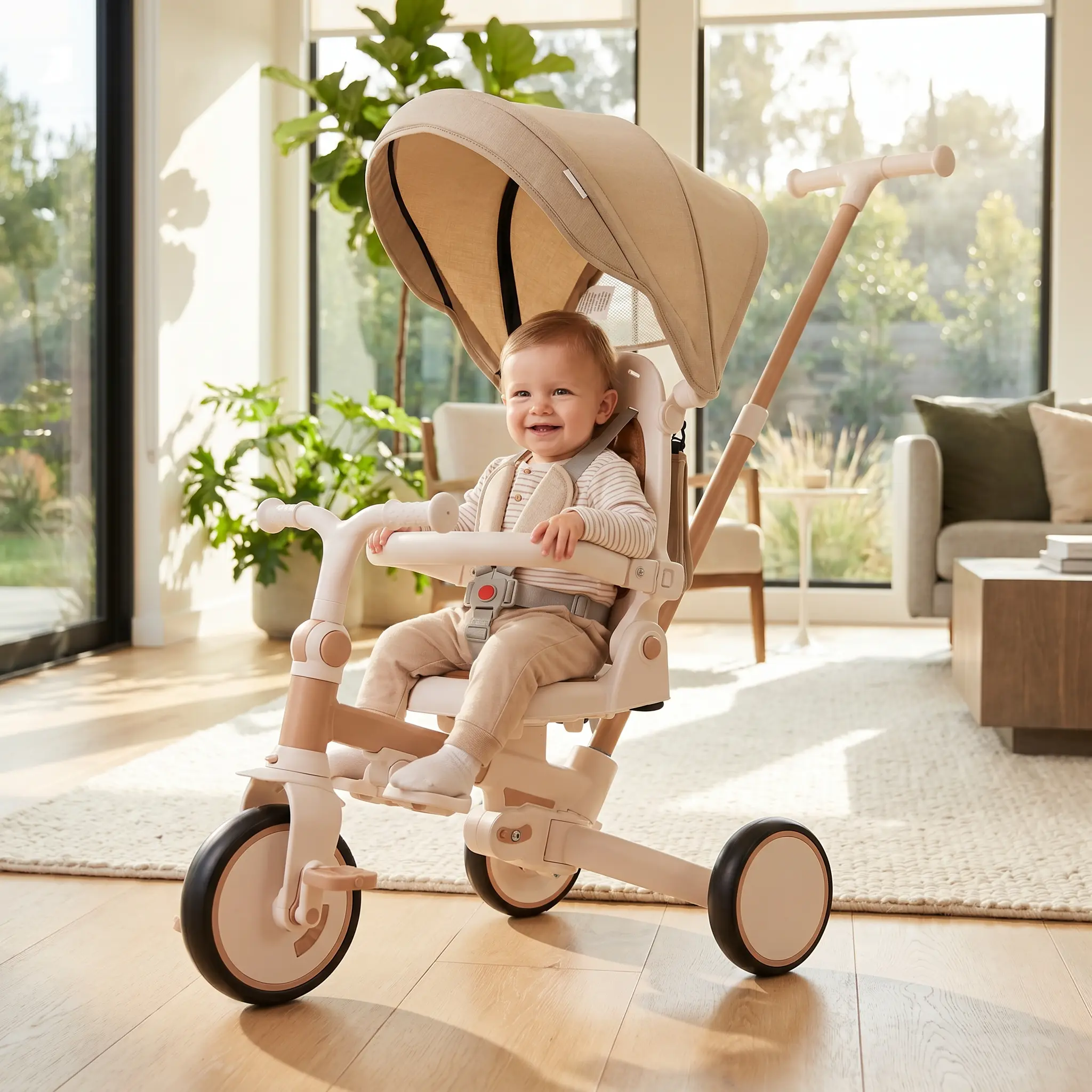 7-in-1 Quick-Fold Portable Tricycle Stroller - Lightweight Aluminum Alloy, Safety Harness, 3-Wheel Ride-on Bike for 12-72 Months Kids, Adjustable Handle, Detachable Canopy, Safety Guardrail, Push/Child-Powered Multifunctional Toy