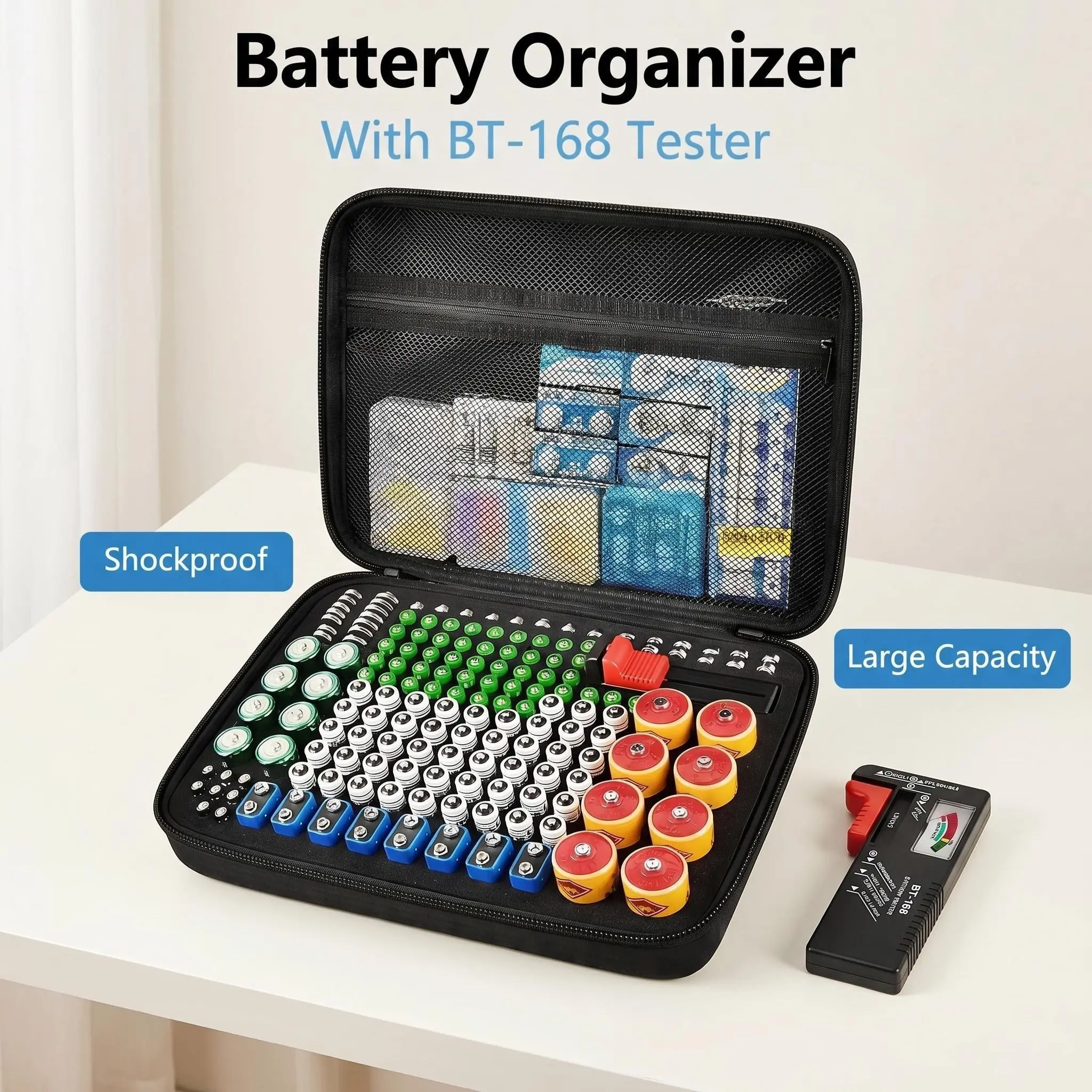 Large Capacity Portable Battery Storage Box with Lid, Includes Battery Tester, Shockproof Dust-Proof, Ideal for Home/outdoor Use, Battery Organizer