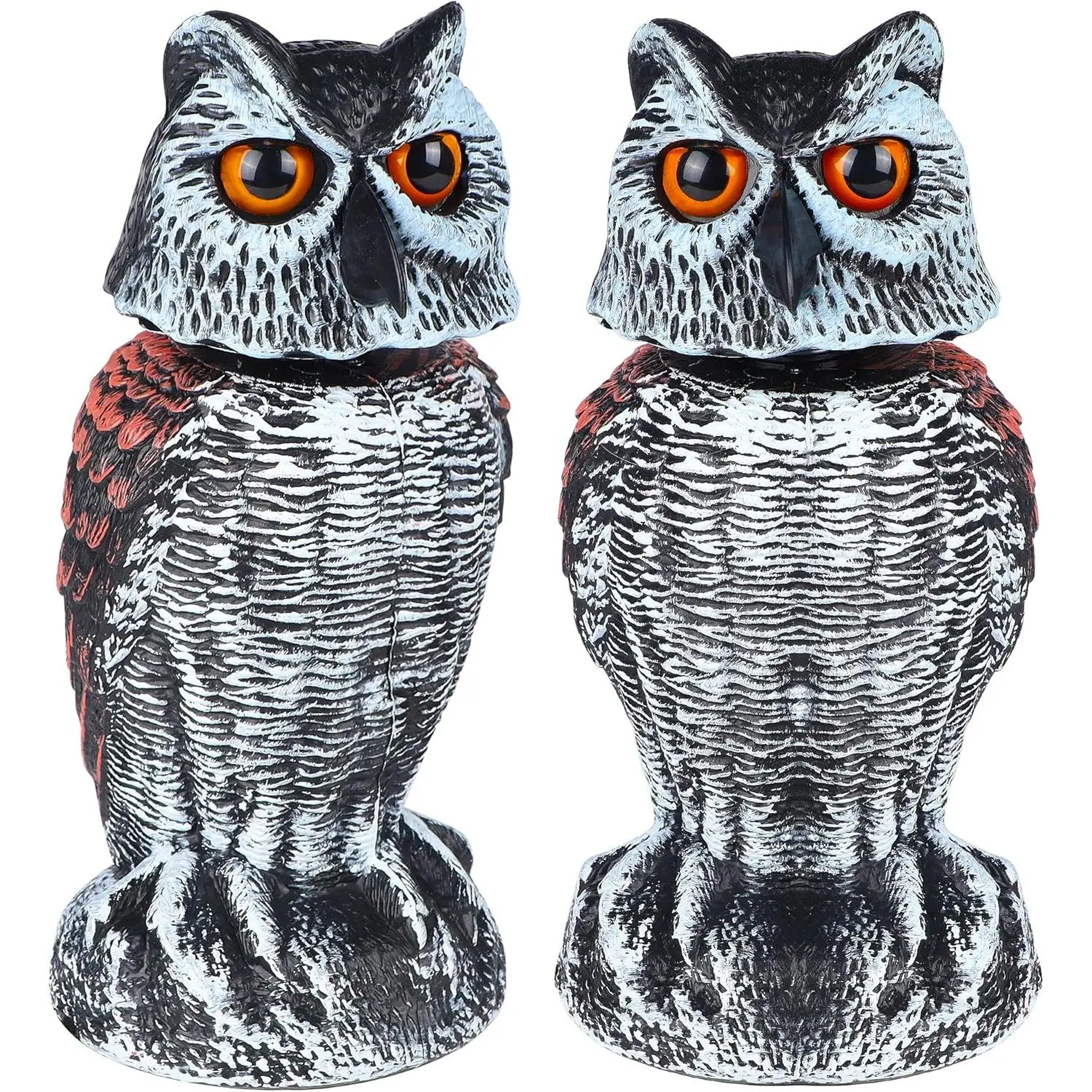 2 Pack Fake Owl Decoy Bird Scarecrow Sculpture, Rotating Head Plastic Owl Bird Deterrents, Nature Enemy Horned Pest Repellent for Outdoor Garden Yard
