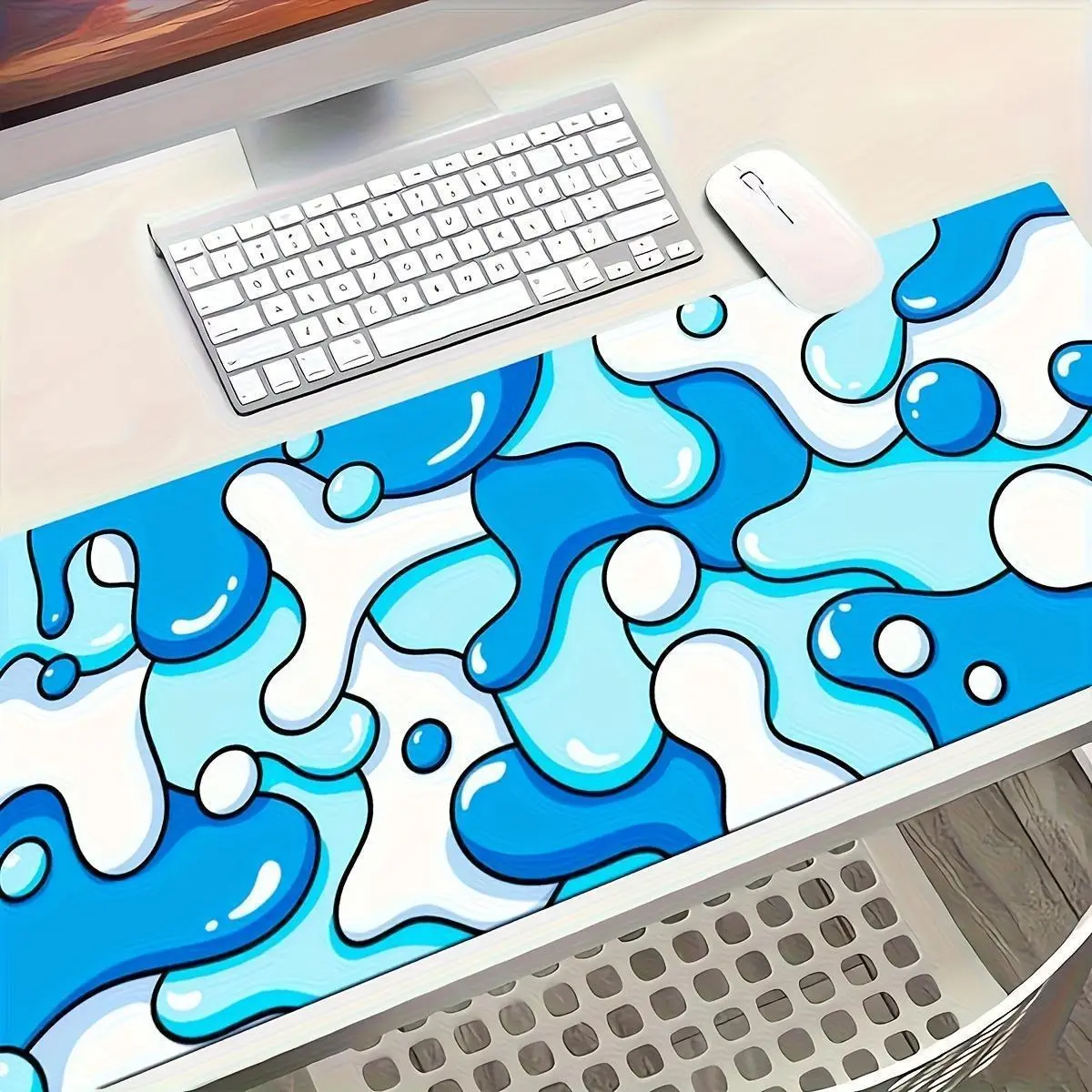 Blue Waves Pattern Extended Non-Woven Fabric Mouse Pad - Thickened Design, Anti-Slip Rubber Base, Precision Overlocking Process, Artistic Decorative Desktop Mat for PC, Gaming Setup, Office Desks