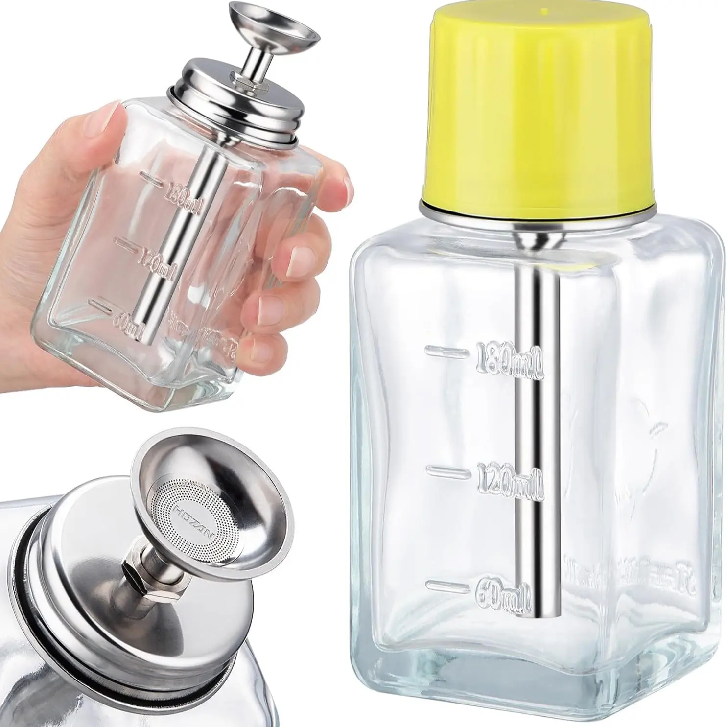 6 Oz/ 180ml Glass Push Down Pump Dispenser w/Copper Core, Acetone Pump Dispenser Alcohol Dispenser Push Down, Nail Polish Remover Pump Dispenser Bottle Push Down Hand Pumping Press Container, Easy Press Bottle, Transparent Container, Refillable Design