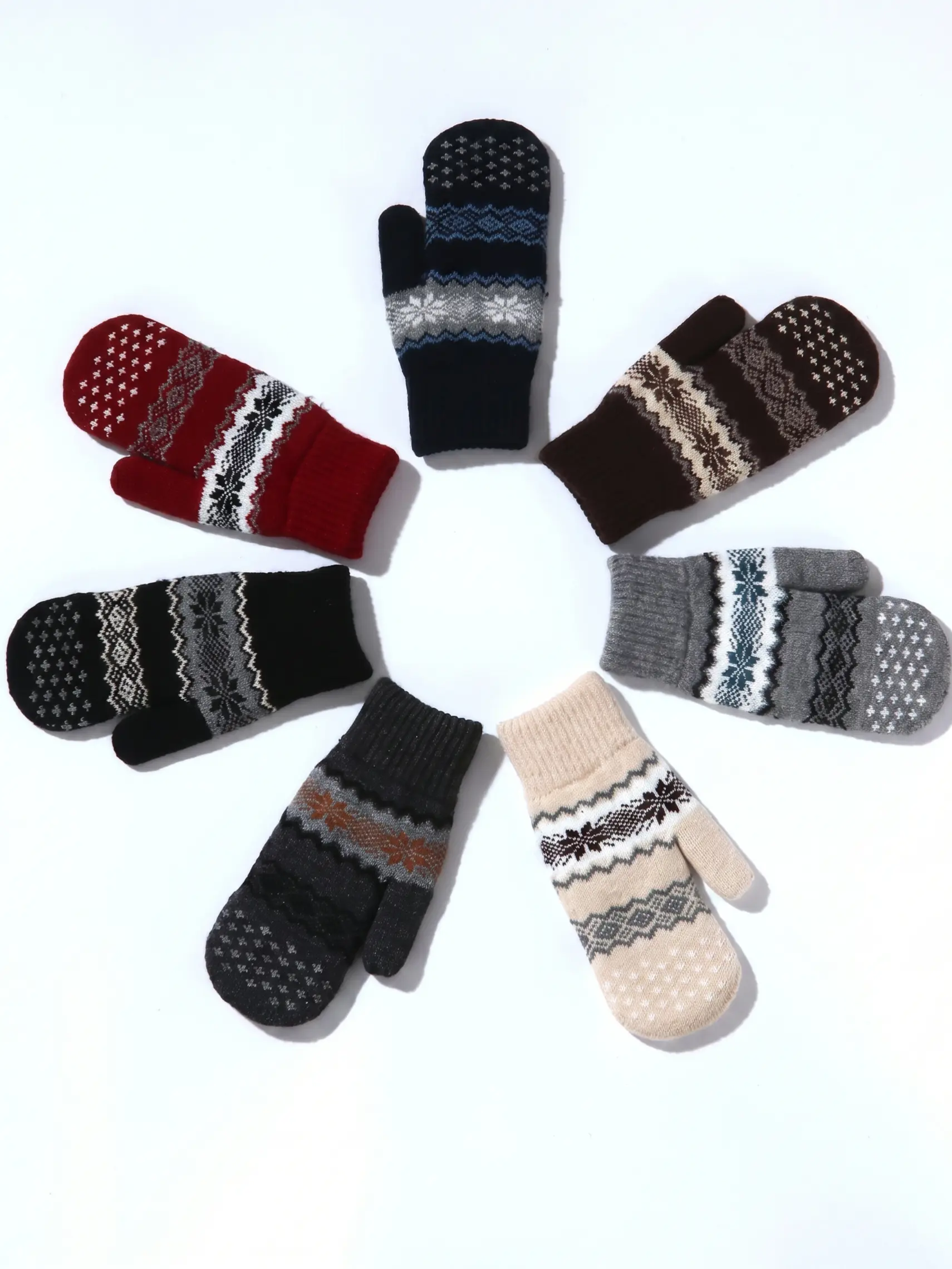 Winter Fair Isle Snowflake Knitted Mittens Thick Warm Full Finger Gloves Unisex Casual Cold Protection Gloves