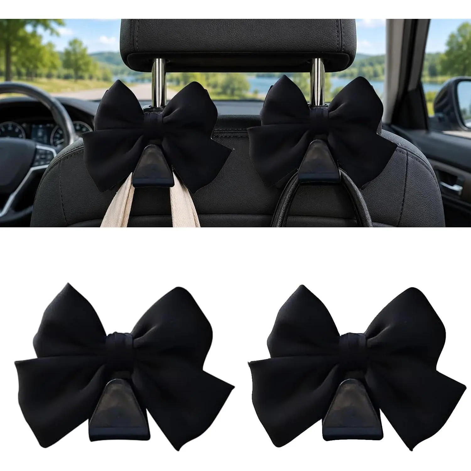 2 count  Seat Headrest Hooks, Bow Knot  Hooks for Bags and Purses, Automotive Hanger Hook Interior Decor Accessories,  for SUV Sedan  (Black)