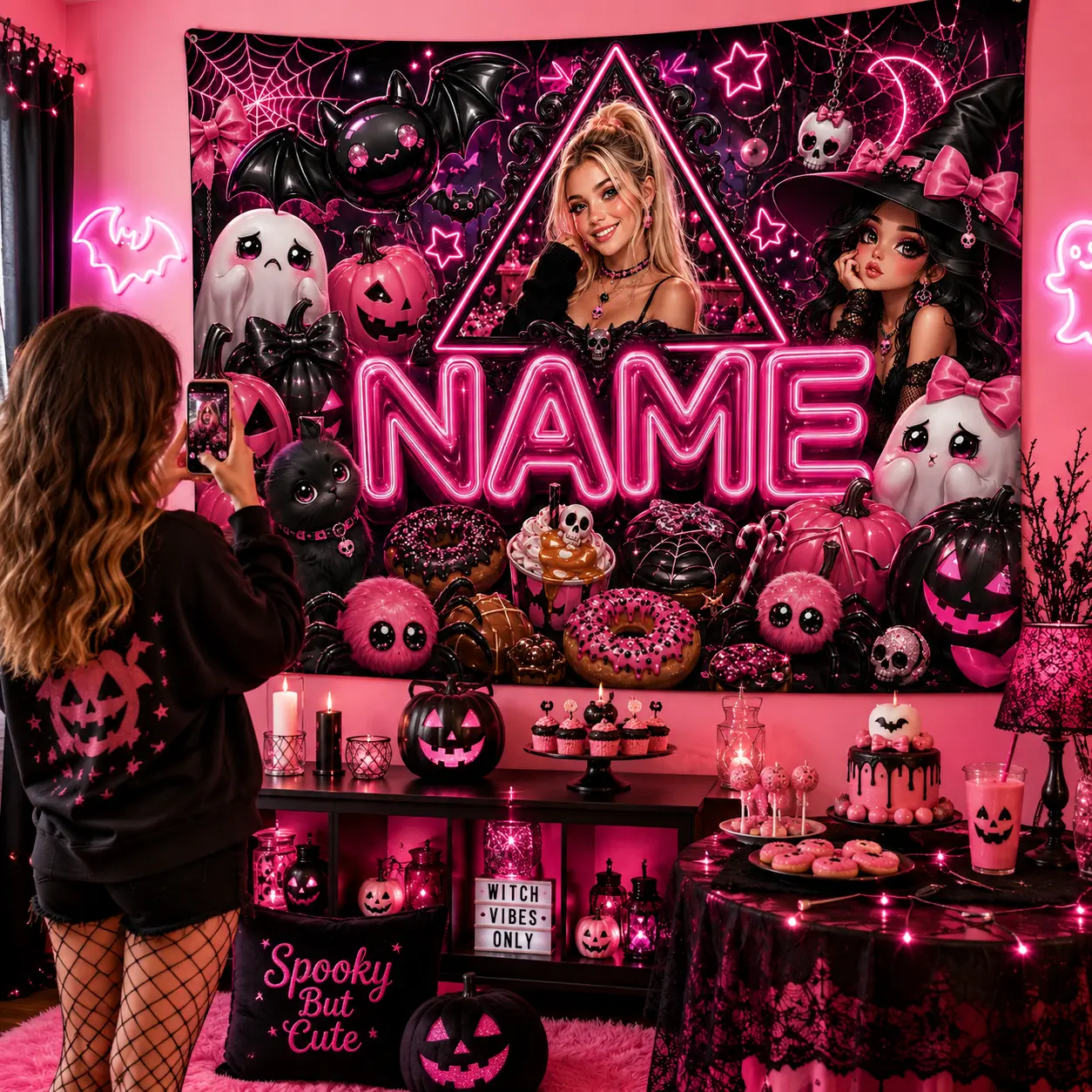 Personalized Pink Neon Halloween Backdrop & Banner with Photo, Name, Triangle Frame, Ghosts, Black Cat, Witch, Pumpkin - Festive Party Home Decor, Banners