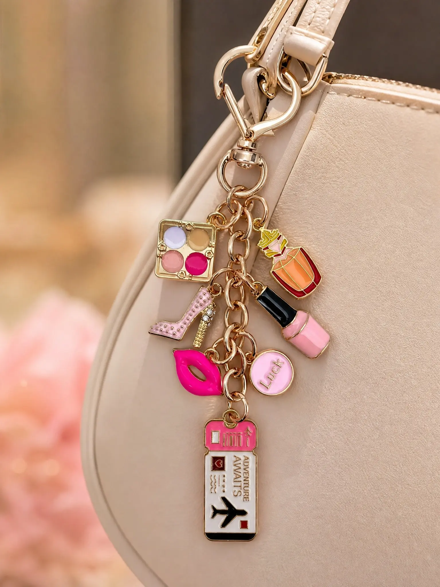 Travel Style Women's Keychain, Fashion Bag Charm, Lucky Makeup Bottle Accessory, Elegant Ticket Pendant, High Heel Shoe Decor, Wallet Ornament, Keychain Accessories