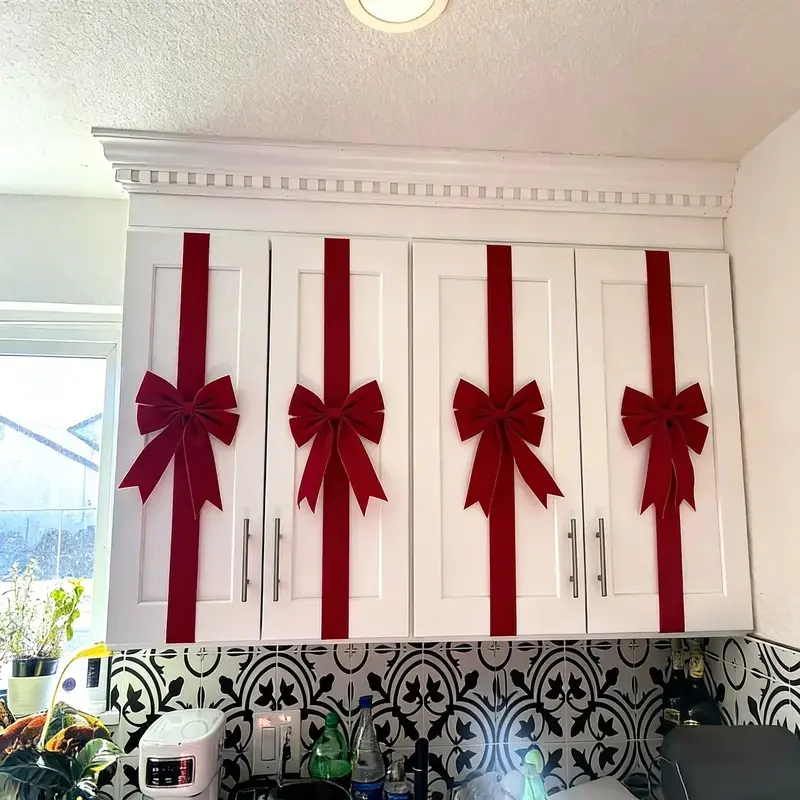 6-Piece Large Wine Velvet Cabinet Door Bow and Ribbon Set, Non-Electric Holiday Theme Party Decor, Christmas Decor, Kitchen Furniture, Gift Packaging