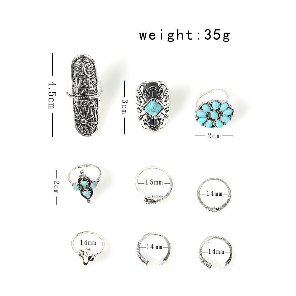 Vintage 9Pcs Turquoise Cactus Sunflower Ring Set for Women | Boho Western Style Silver Tone Alloy Stackable Rings | Bohemian Retro Statement Jewelry for Daily & Festival Wear