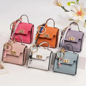 (Free shipping)Premium Genuine Leather Mini Square Pendant Keychain, Color Woven Strap Cute Bag Charm & Universal Car Key Accessory Gift