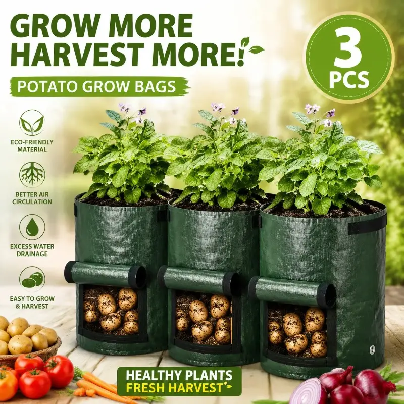 3-Pack 10 Gallon Potato Grow Bags, Durable Garden Planting Pots