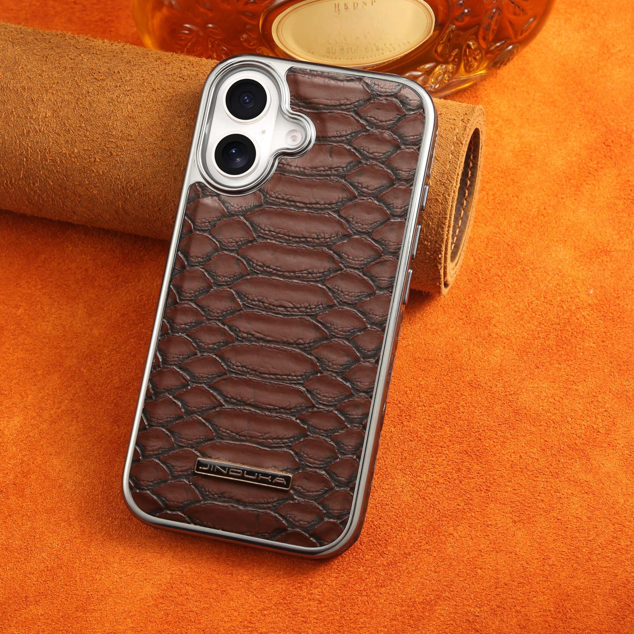 Snake Skin Pattern Phone Case, Electroplated Frame Slim Premium Faux Leather Cover, Shockproof Full Protective Case for iPhone 16/15 Pro Max