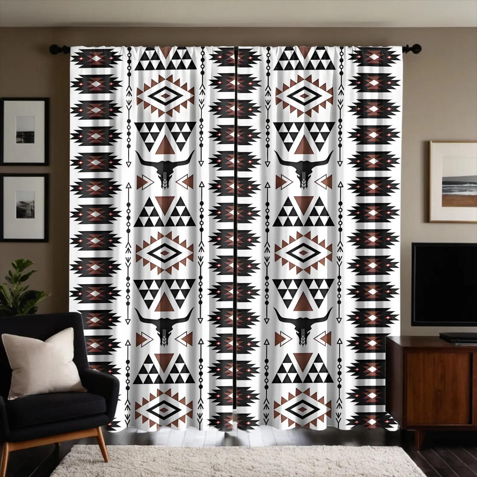 2 Panels Southwestern Bull Skull Geometric Decorative Curtains, Rustic Western Aztec Tribal Pattern Rod-pocket Style, Privacy Semi-sheer Window Curtains for Home Kitchen Bedroom Living Room (No Blackout)