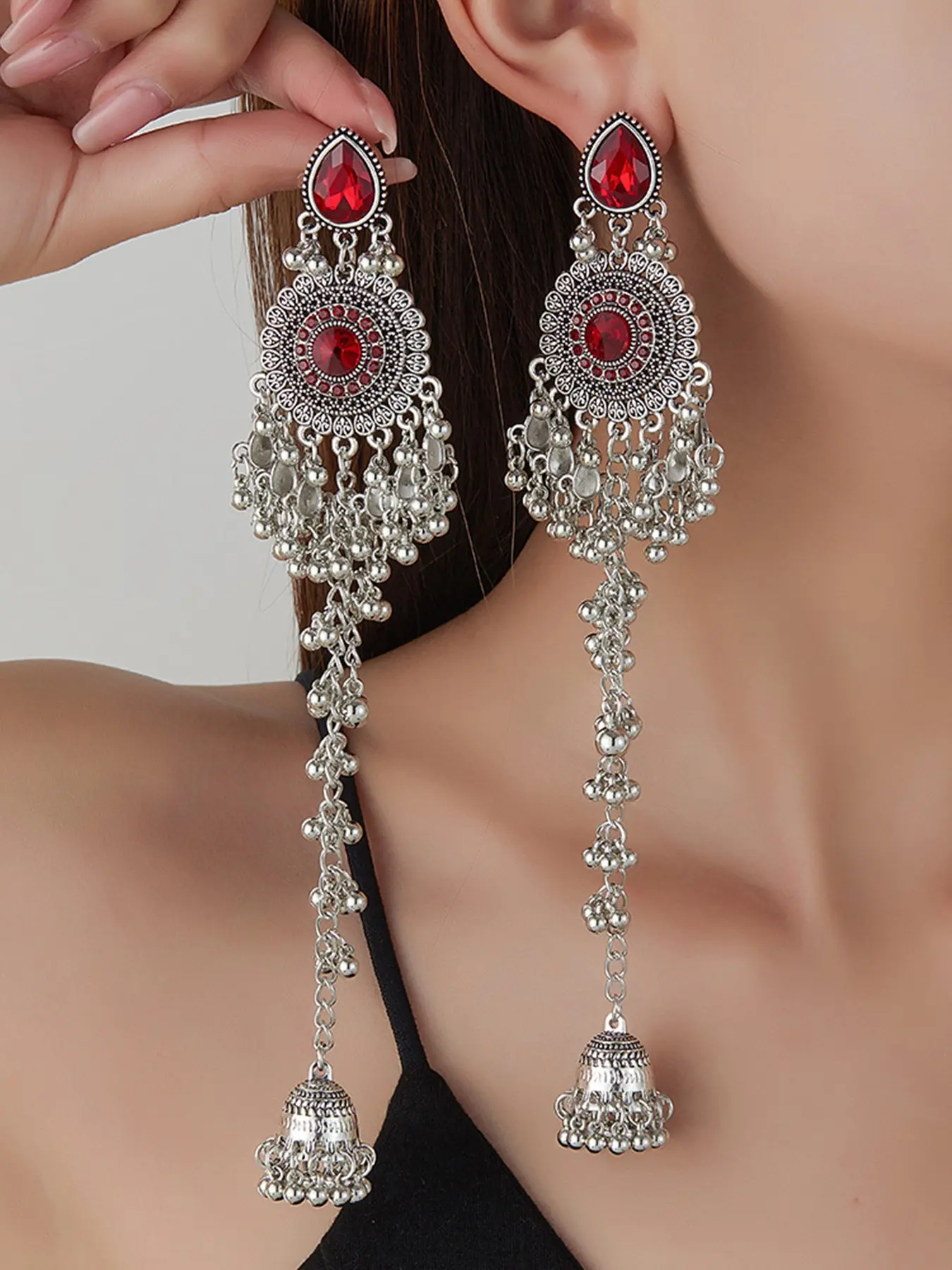 Indian Jhumka Earrings for Women, Oxidized Silver Tone Red Stone Long Tassel Dangle Earrings, Boho Statement Jewelry for Wedding Party Festival