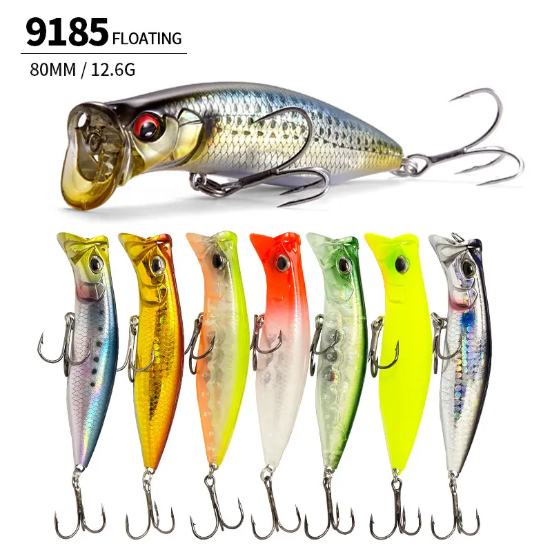 DeepJaw Outfitters 2-Piece Floating Topwater Popper Lures - 3 in, 0.44 oz Hard Plastic Surface Baits with Splash Noise Design, Treble Hooks for Bass Fishing (Freshwater & Saltwater), m