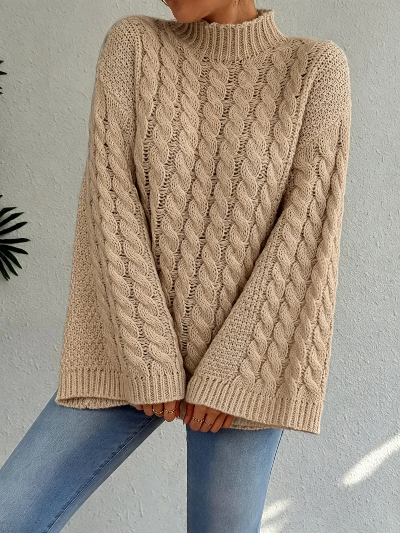 Cozy Vintage Street Vibe | High Neck Oversized Flare Sleeve Cable Knit Sweater | Chunky Hollow Cable Twist Knit Fabric | Fall Winter Daily Shopping Street Outfit