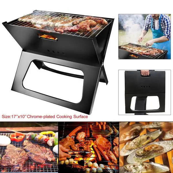 Charcoal BBQ Grill Set, Portable Foldable Metal Construction for Outdoor Camping, Garden Picnics, and Travel, Sturdy, Camping Gear, 17"X11", Chrome-Plated, Compact Foldable, Fits Camping Trips