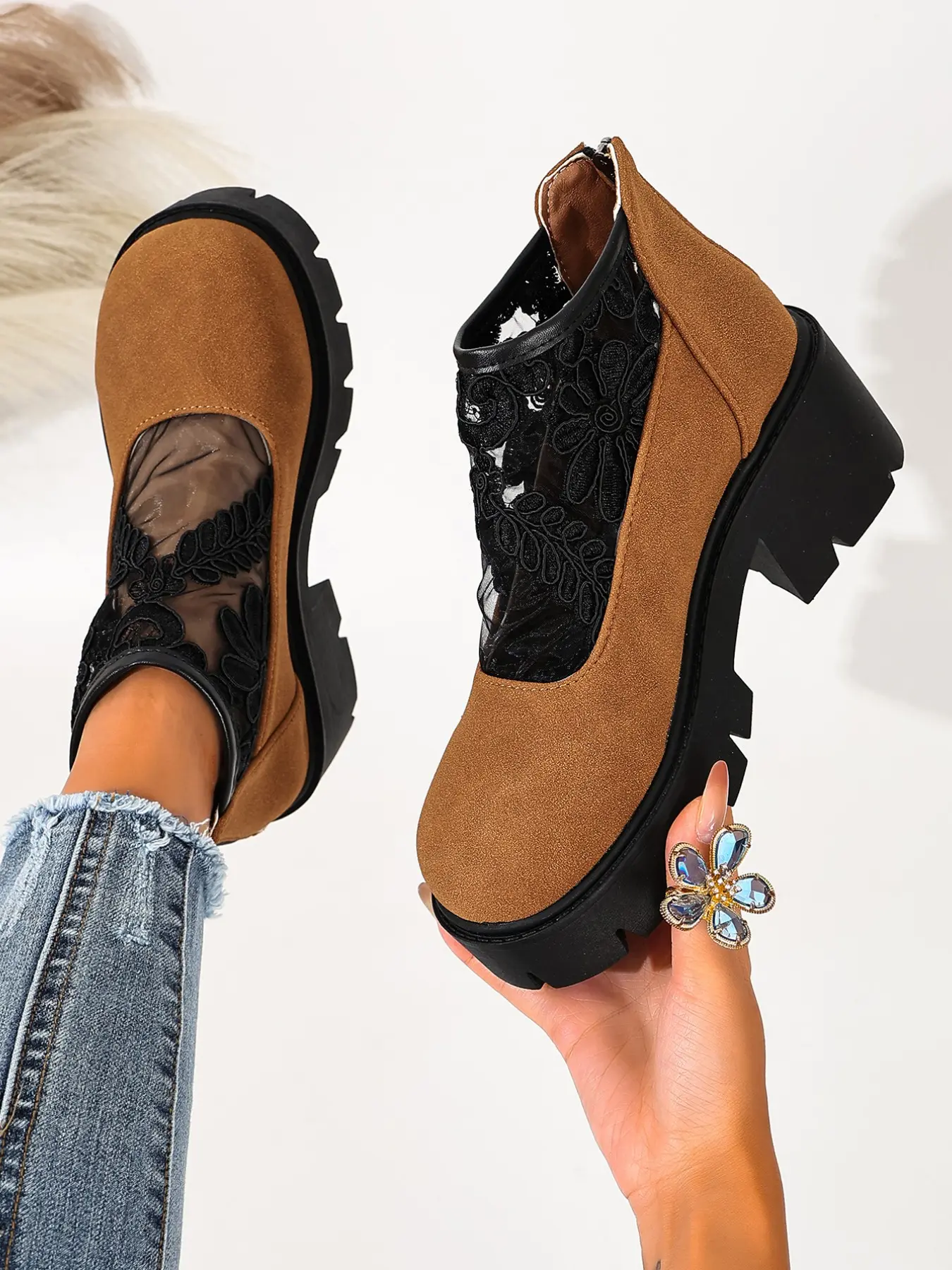 Women's Lace Mesh Chunky Heel Short Boots, Hollow Out Breathable Boots, Back Zip Thick Sole Platform Shoes, Floral Embroidery Versatile Single Boot