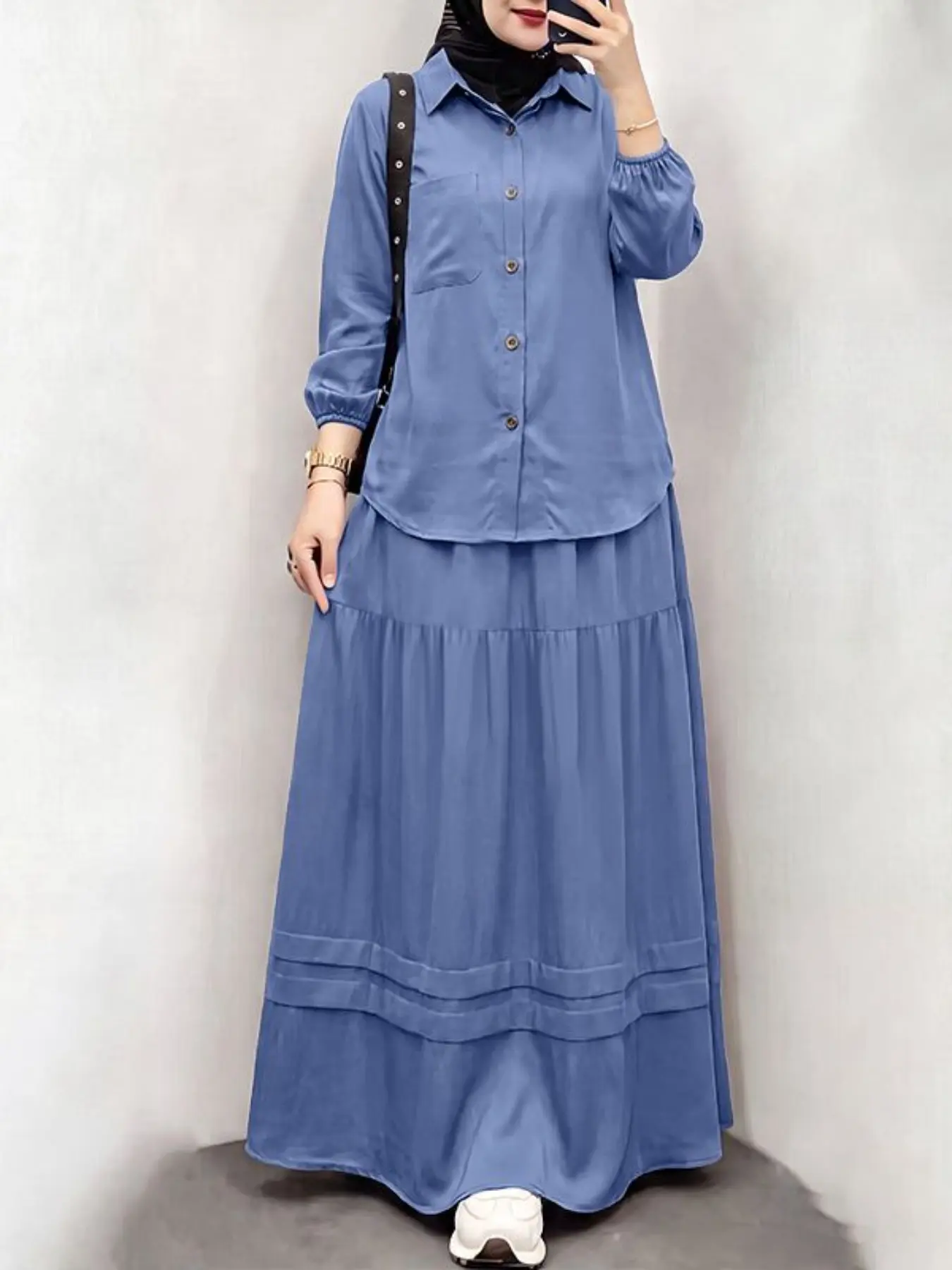 Women's Casual Set, Two Piece Set Women, Matching Set, Button Front Long Sleeve Shirt + High Waist Skirt Design, Perfect for Daily, Travel, Commuting, Outfit Sets Women, Fashion Style Sets