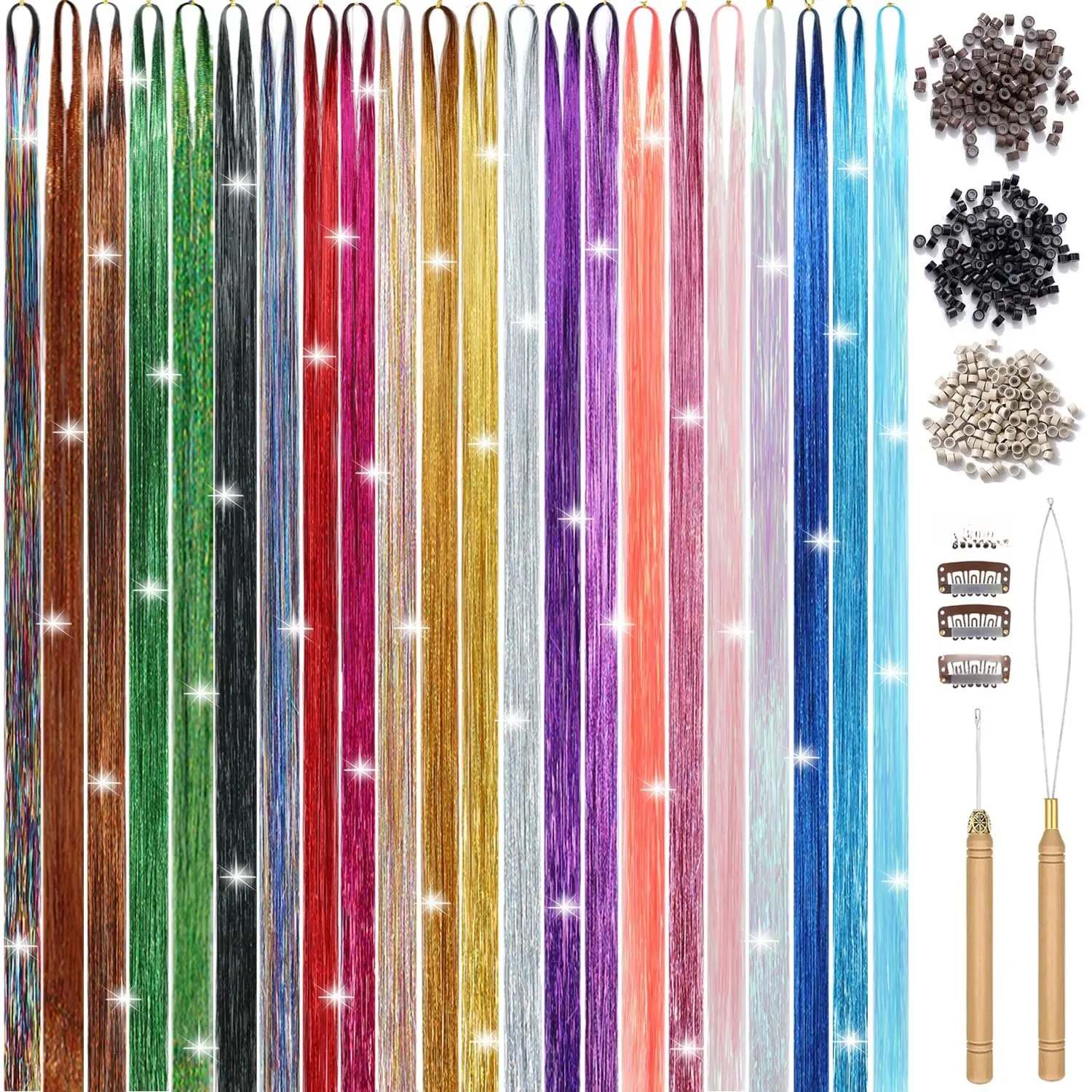 22 Colors Hair Tinsel Kit, 8800 Strands 48 Inch Glitter Tinsel Hair Extensions with Tools, Heat Resistant Sparkling Fairy Hair Accessories for July Fourth  Party Festival (22 Colors)