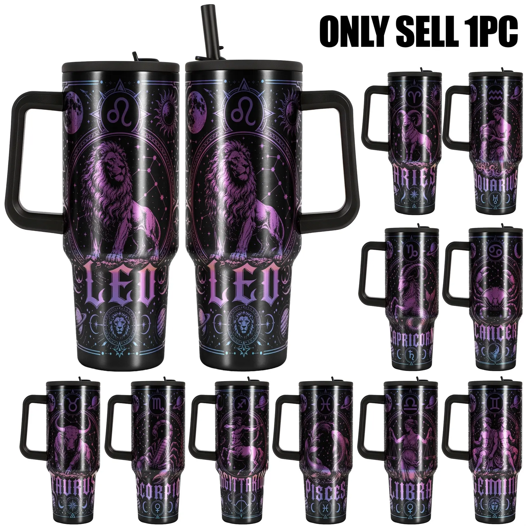 1pc 40oz Zodiac Astrology Tumbler, 304 Stainless Steel Insulated Travel Mug with Handle and Straw Lid, Double Wall Vacuum Coffee Cup for Women & Men