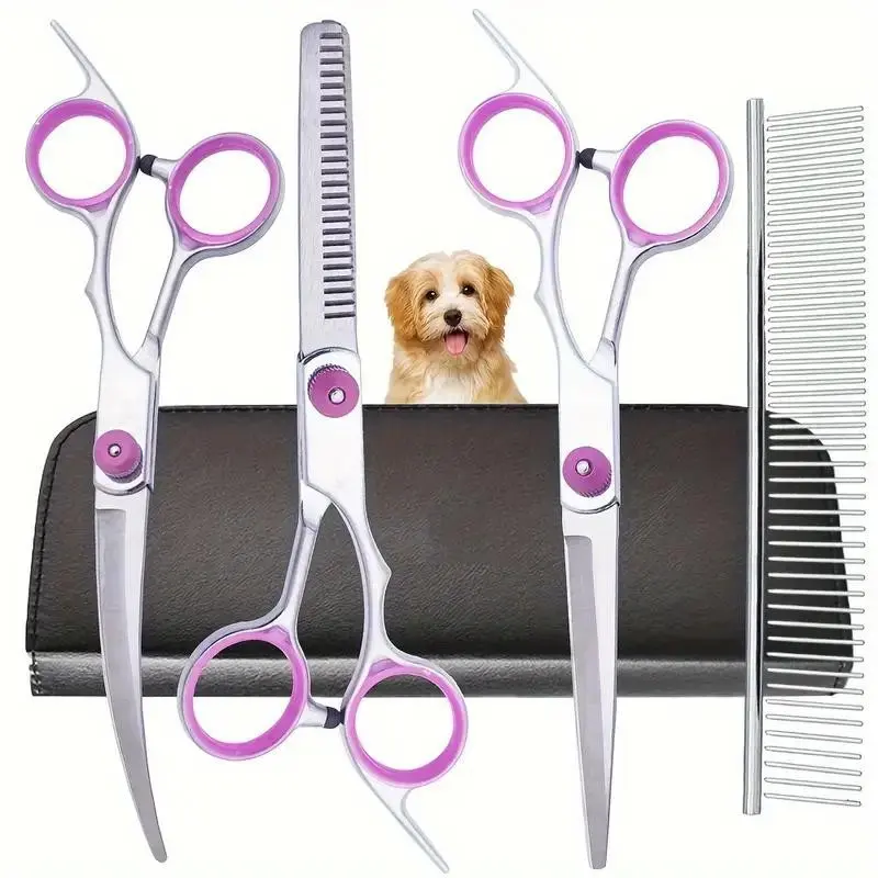 Professional Dog Grooming Kit, Groomer Tools, Five-In-One Pet Hair Clippers Set, Includes Curved Scissors and Comb, Stainless Steel, Ideal for Dogs and Cats