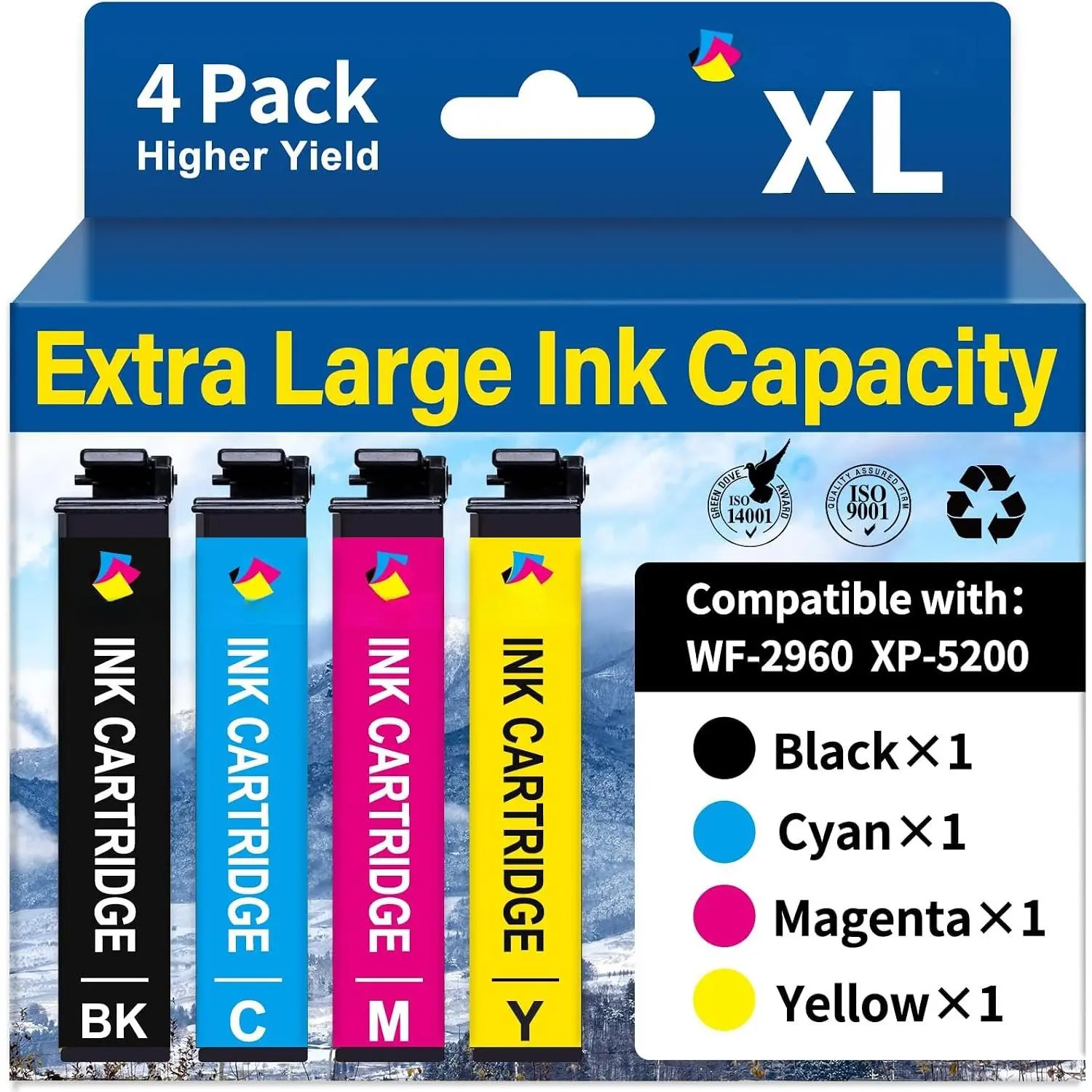 Remanufactured  for 222 222XL Ink Cartridges Combo Pack | Compatible for Epson Printer XP-5200 WF-2960 Printer Ink Cartridges (4Pack, Black, Magenta, Cyan, Yellow)