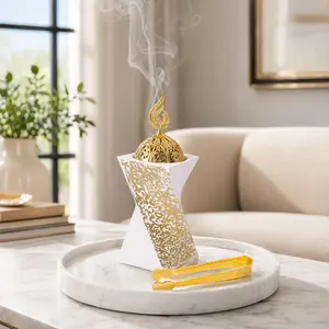 1 Pc Modern Arabian Twisted Base Incense With Matching Incense Tong and Hollow Dome Lid, Perfect for Living Room, Home Decor and Prayer Desk Display